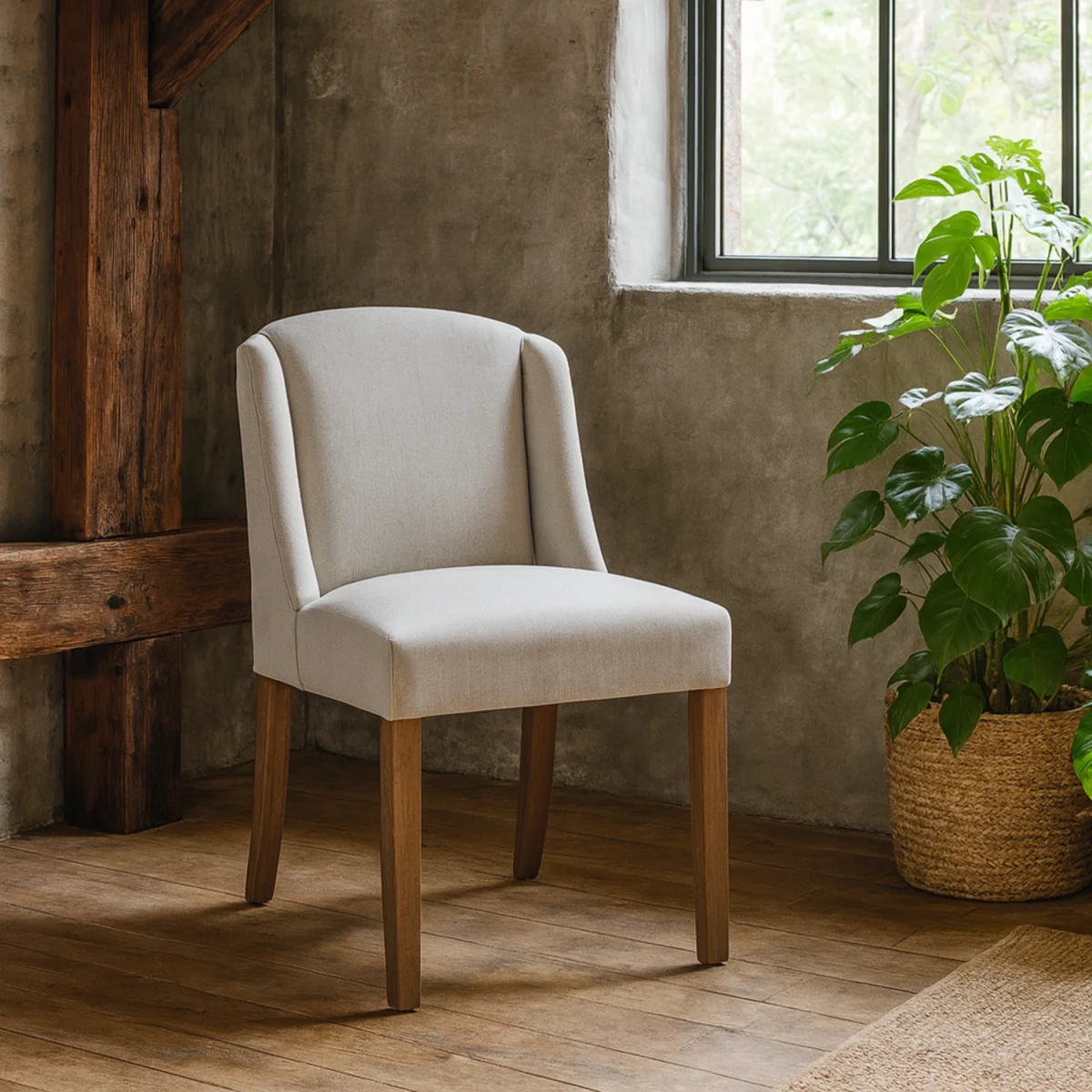 Olargues Cream Bouclé Dining Chair with Wooden Legs - Cream – image 2