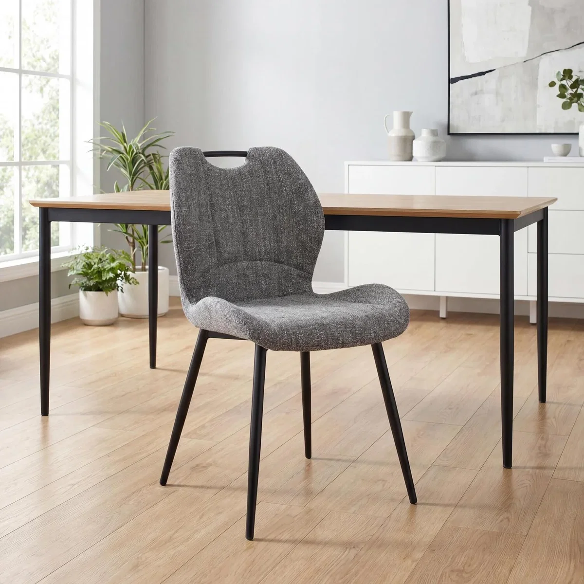 Dalton Set of 4 Dark Grey Fabric Dining Chairs with Handle and Black Metal Legs - Graphite Grey