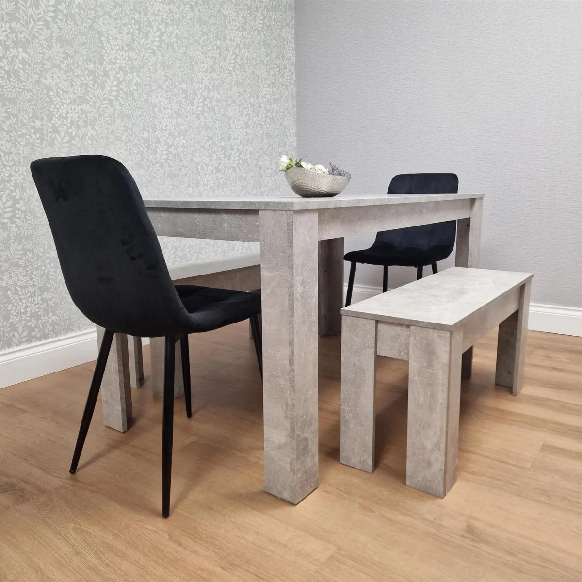Dining Table with 2 Black Velvet Chairs and 2 Stone Grey Benches Modern Dining Room Furniture Set - Grey – image 2