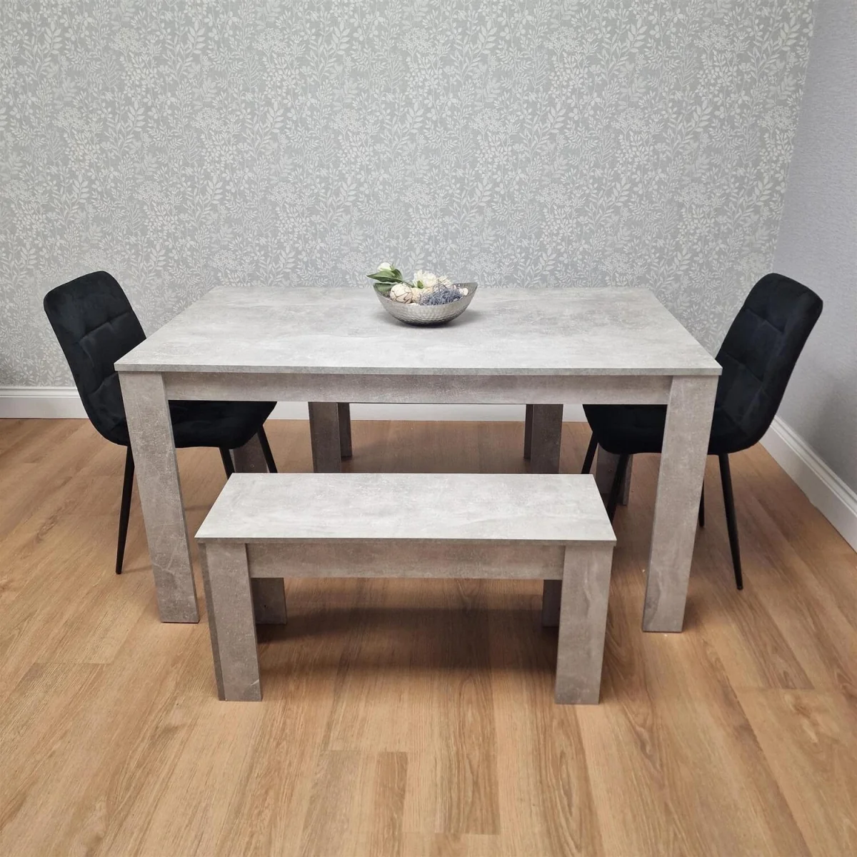 Dining Table with 2 Black Velvet Chairs and 2 Stone Grey Benches Modern Dining Room Furniture Set - Grey – image 3