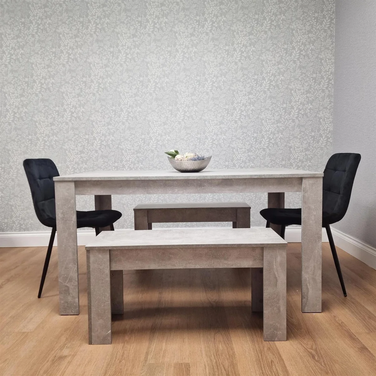 Dining Table with 2 Black Velvet Chairs and 2 Stone Grey Benches Modern Dining Room Furniture Set - Grey – image 4
