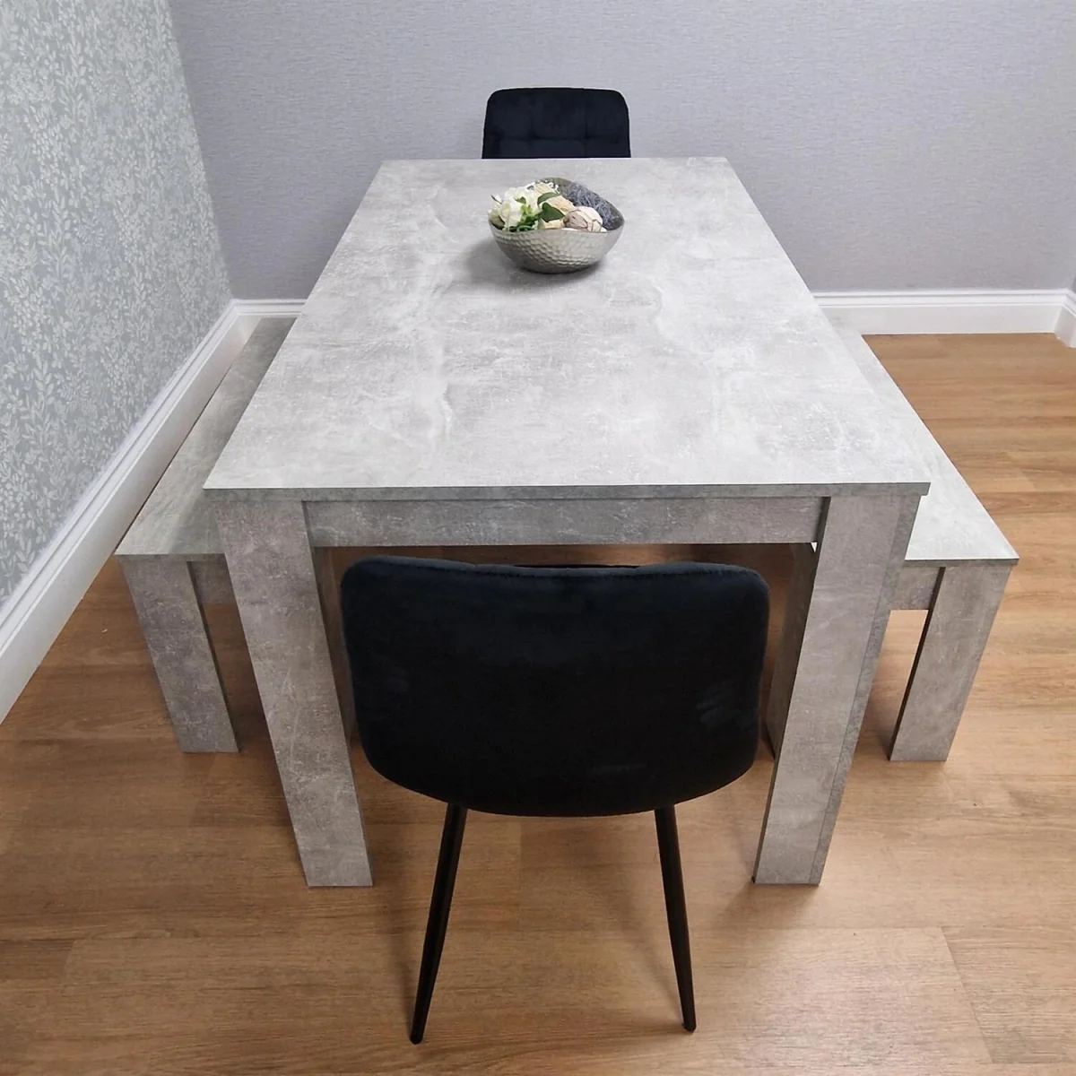 Dining Table with 2 Black Velvet Chairs and 2 Stone Grey Benches Modern Dining Room Furniture Set - Grey – image 5