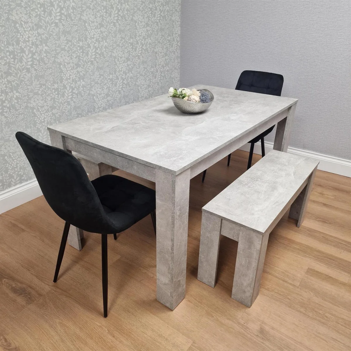 Dining Table with 2 Black Velvet Chairs and 2 Stone Grey Benches Modern Dining Room Furniture Set - Grey – image 1