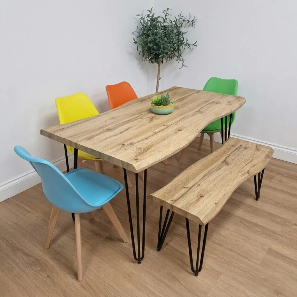 Modern Dining Table 140cm with 4 Colourful Mixed Chairs and Stone Grey Wooden Bench Set - Brown