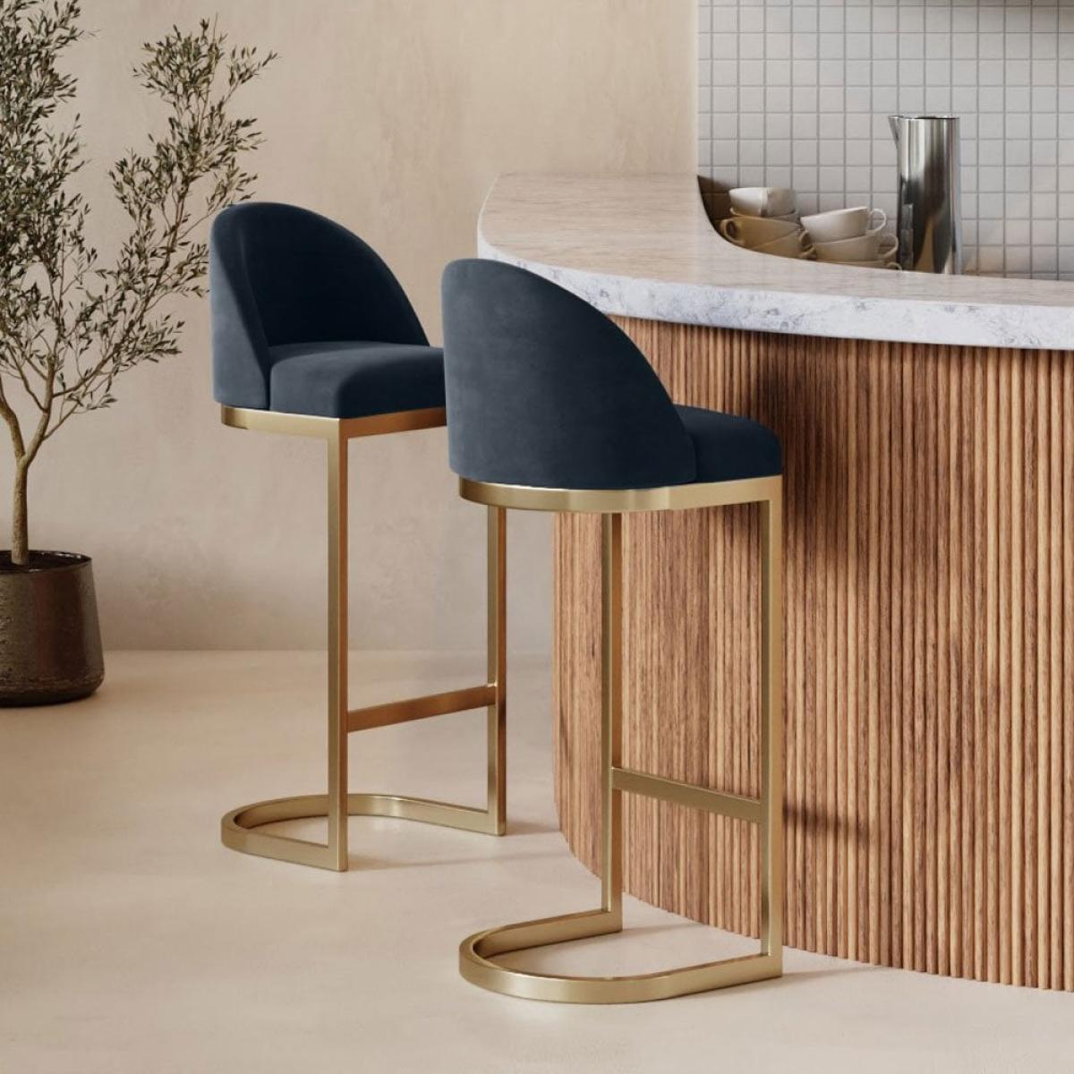 Matteo Bar Stool with Backrest, Ink Grey Sustainable Velvet Leg Colour: Brass – image 1