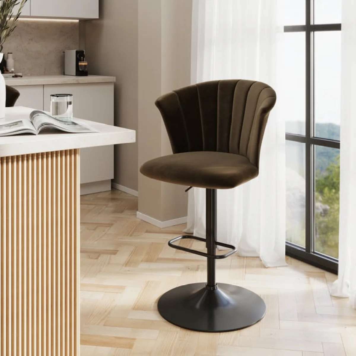 Kendall Bar Stool with Black Legs, Velvet – image 1