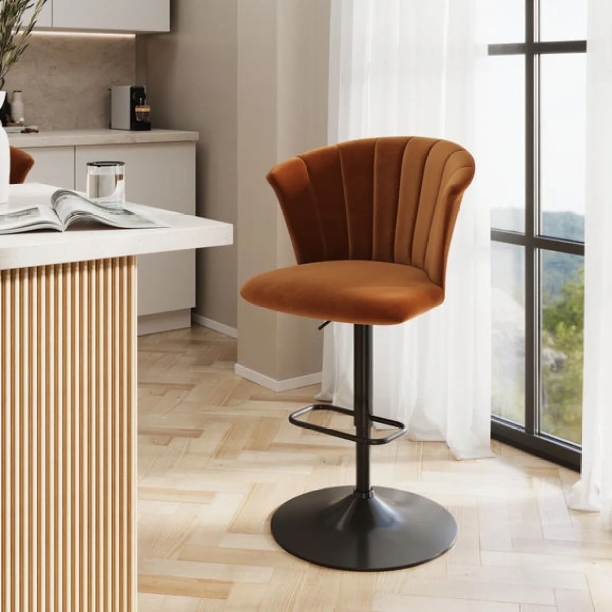 Kendall Bar Stool with Black Legs, Velvet – image 1