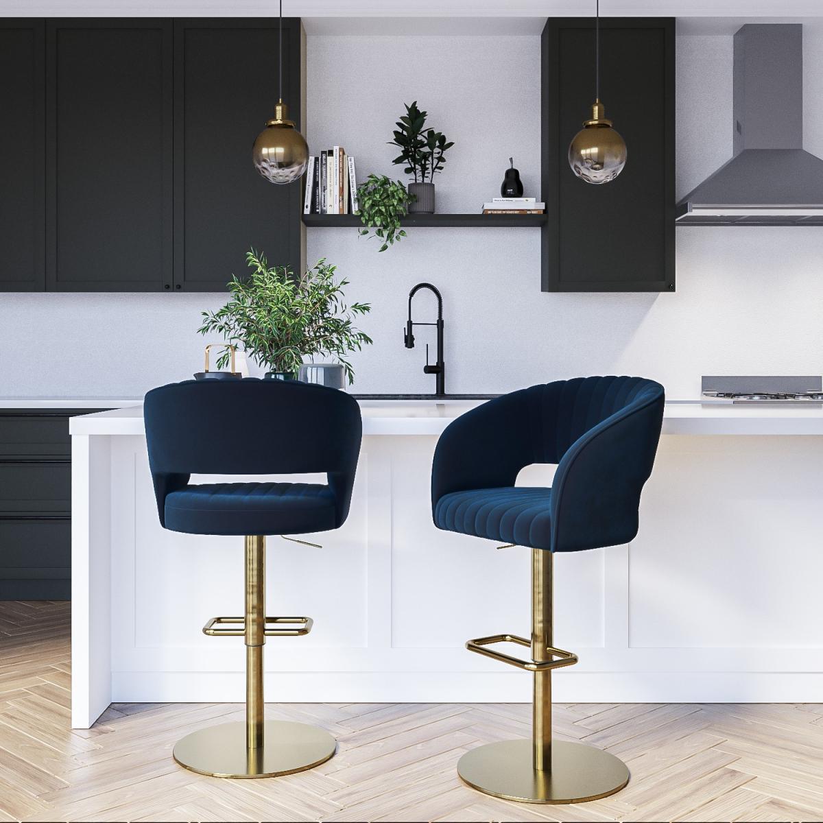 Set of 2 Curved Navy Velvet Adjustable Swivel Bar Stools with Backs - Runa – image 10