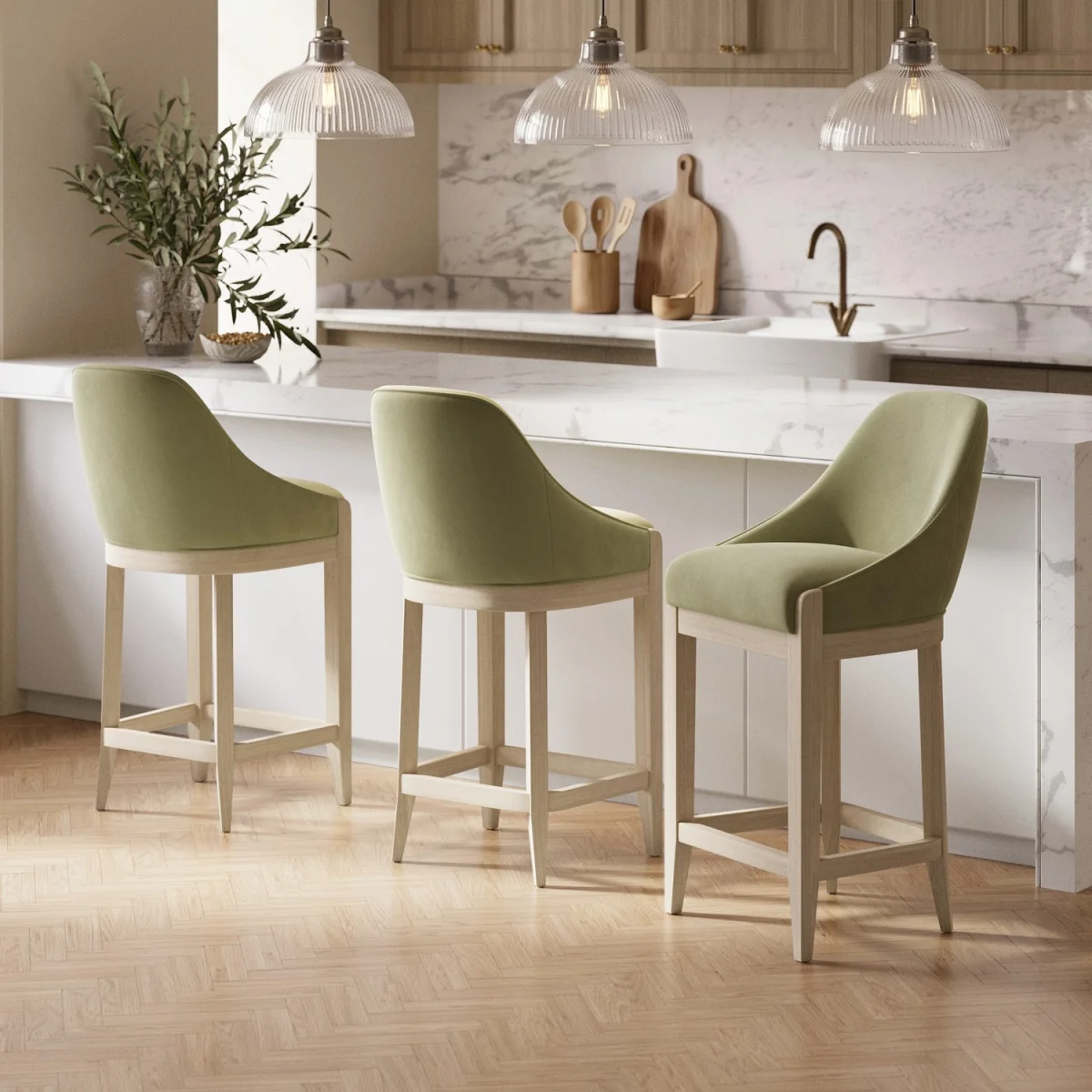 Set of 3 Sage Green Velvet Kitchen Stools with Solid Wood Legs - Madeline – image 7