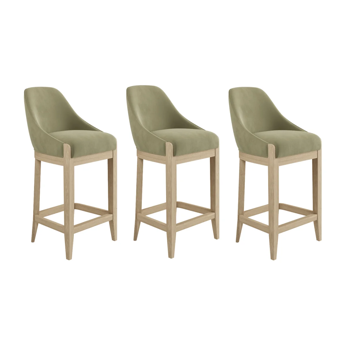 Set of 3 Sage Green Velvet Kitchen Stools with Solid Wood Legs - Madeline – image 1