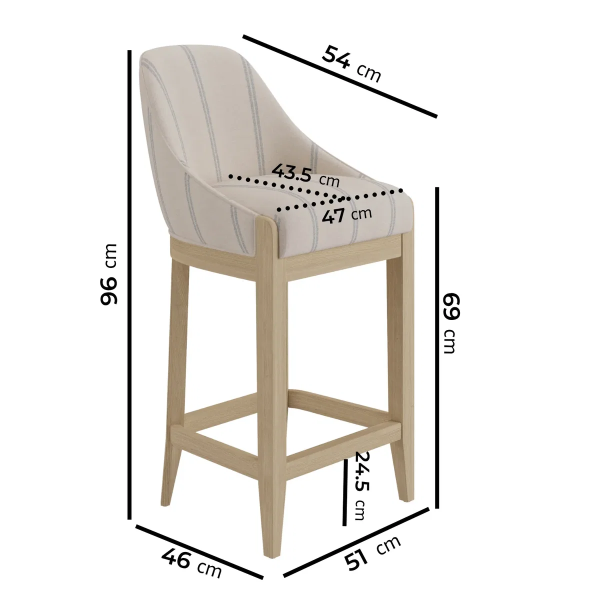 Set of 2 Beige and Blue Striped Upholstered Kitchen Stools with Solid Wood Legs - Madeline – image 2