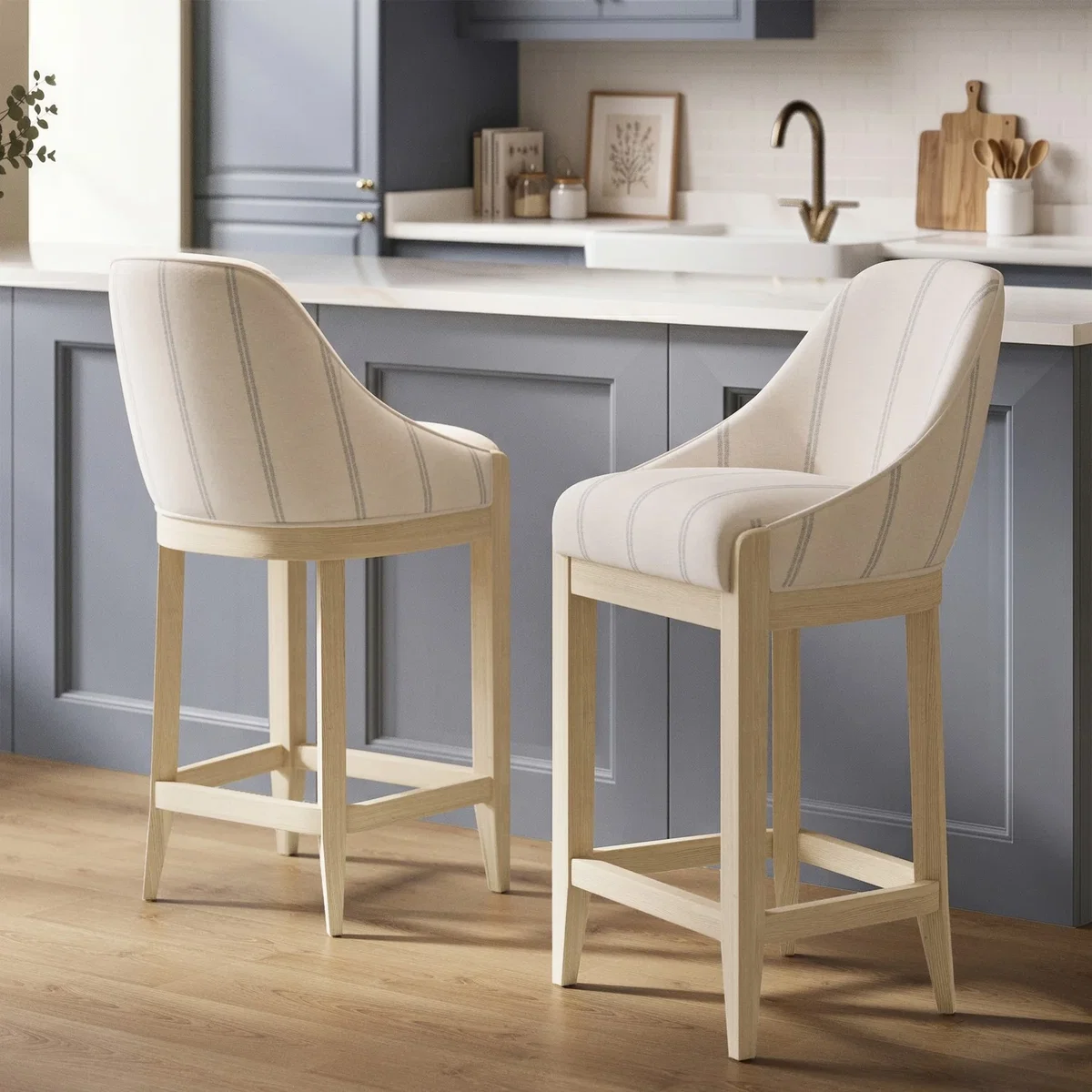 Set of 2 Beige and Blue Striped Upholstered Kitchen Stools with Solid Wood Legs - Madeline – image 8