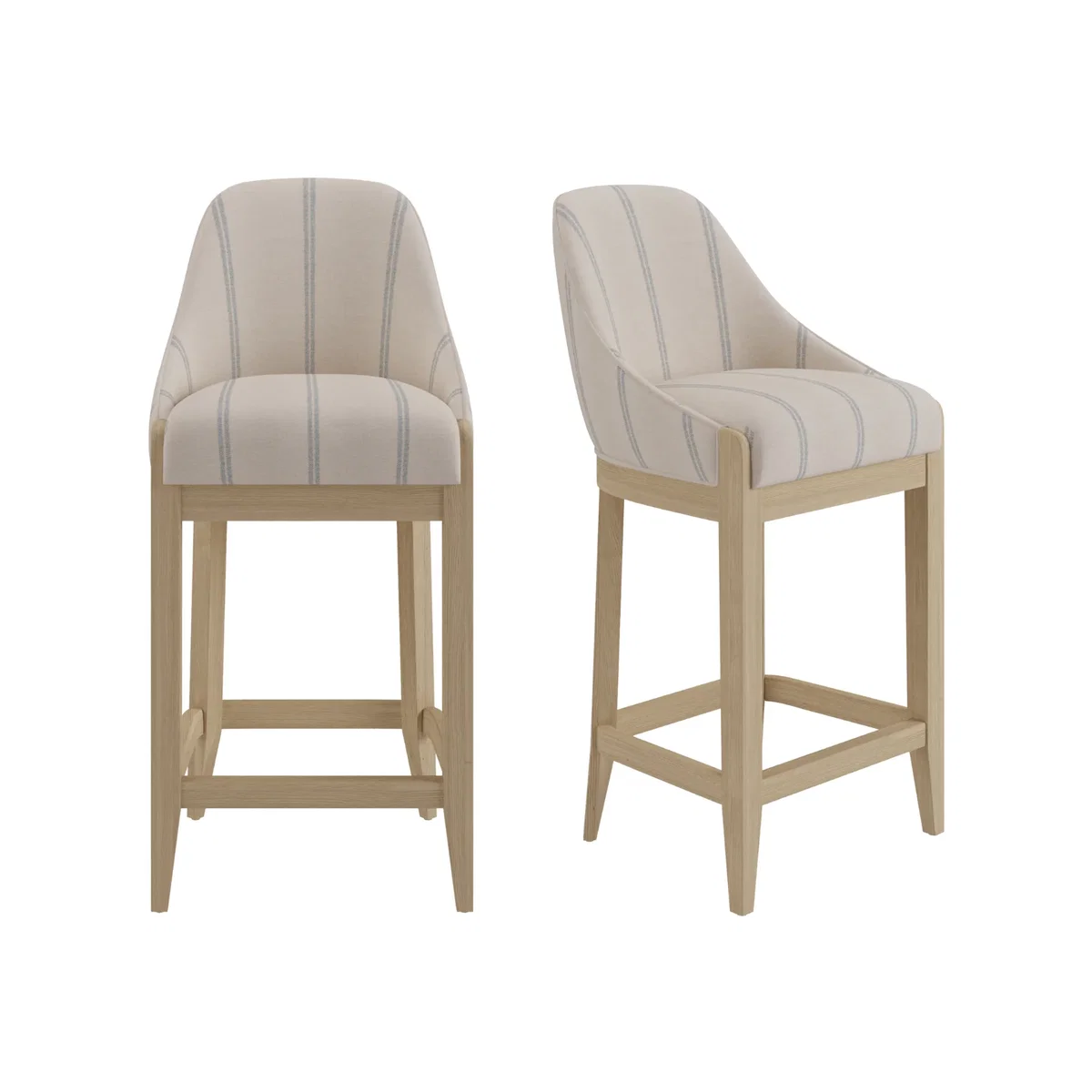 Set of 2 Beige and Blue Striped Upholstered Kitchen Stools with Solid Wood Legs - Madeline – image 1