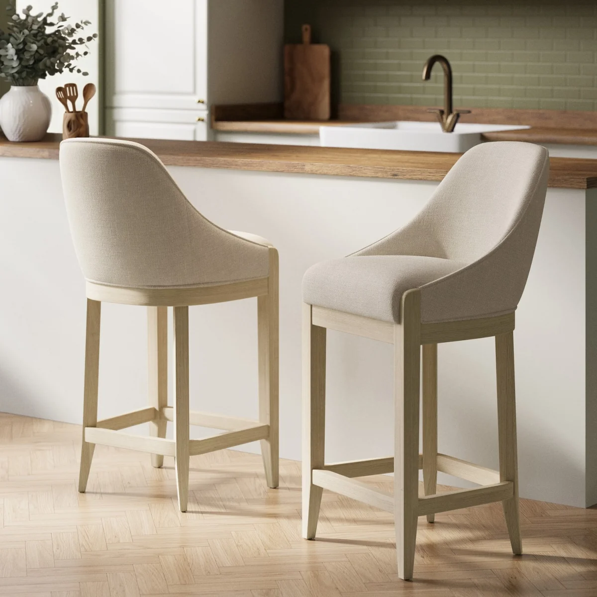 Set of 2 Beige Upholstered Kitchen Stools with Solid Wood Legs - Madeline – image 8