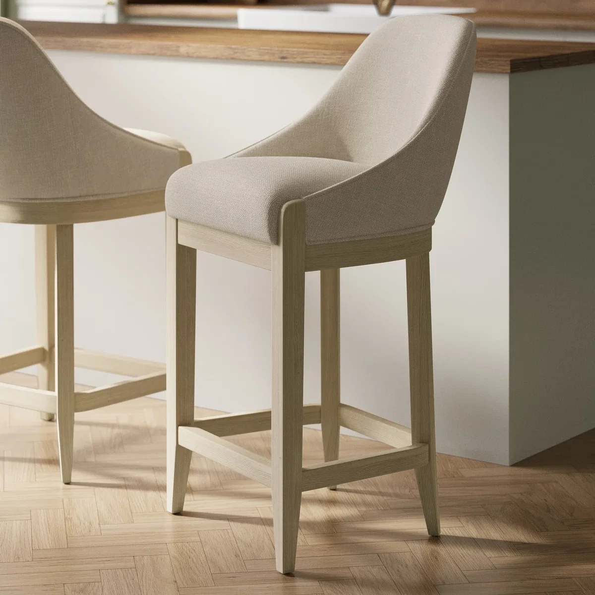 Beige Upholstered Kitchen Stool with Solid Wood Legs - Madeline – image 1