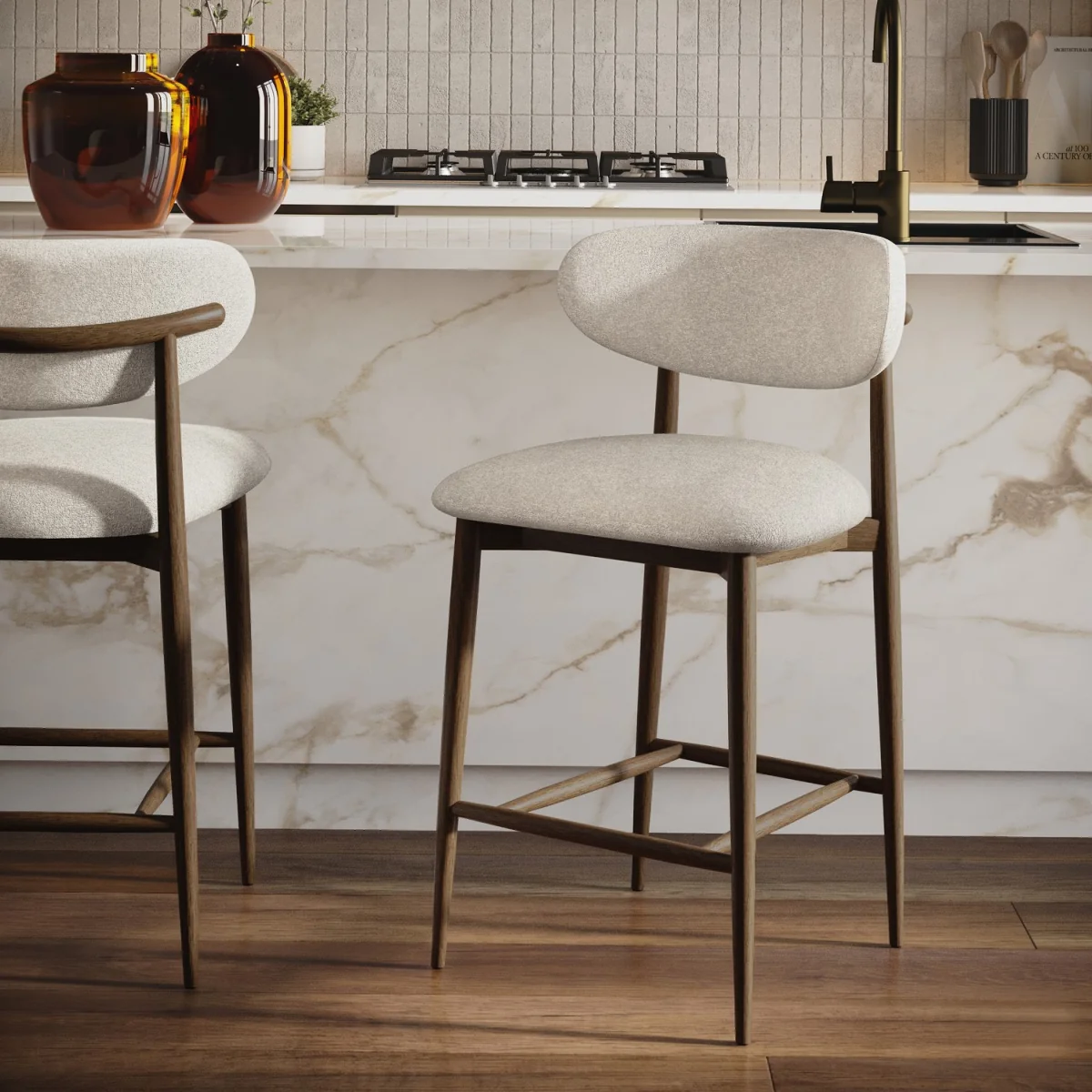 Walnut and Beige Upholstered Curved Kitchen Stool with Open Back - Kori – image 1