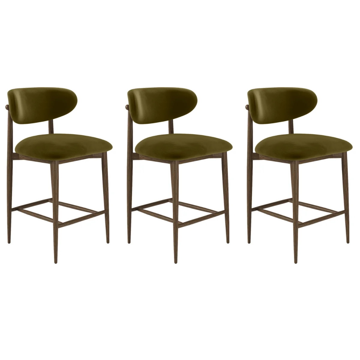 Set of 3 Walnut and Olive Green Upholstered Curved Kitchen Stools with Open Back - Kori – image 3
