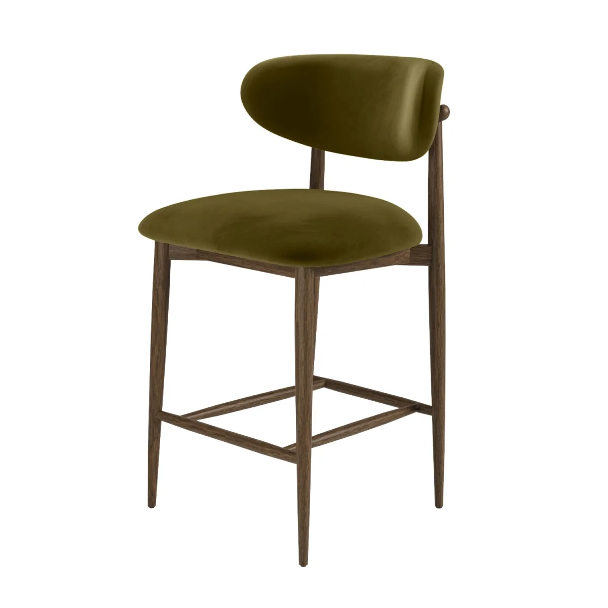 Set of 4 Walnut and Olive Green Upholstered Curved Kitchen Stools with Open Back - Kori – image 4