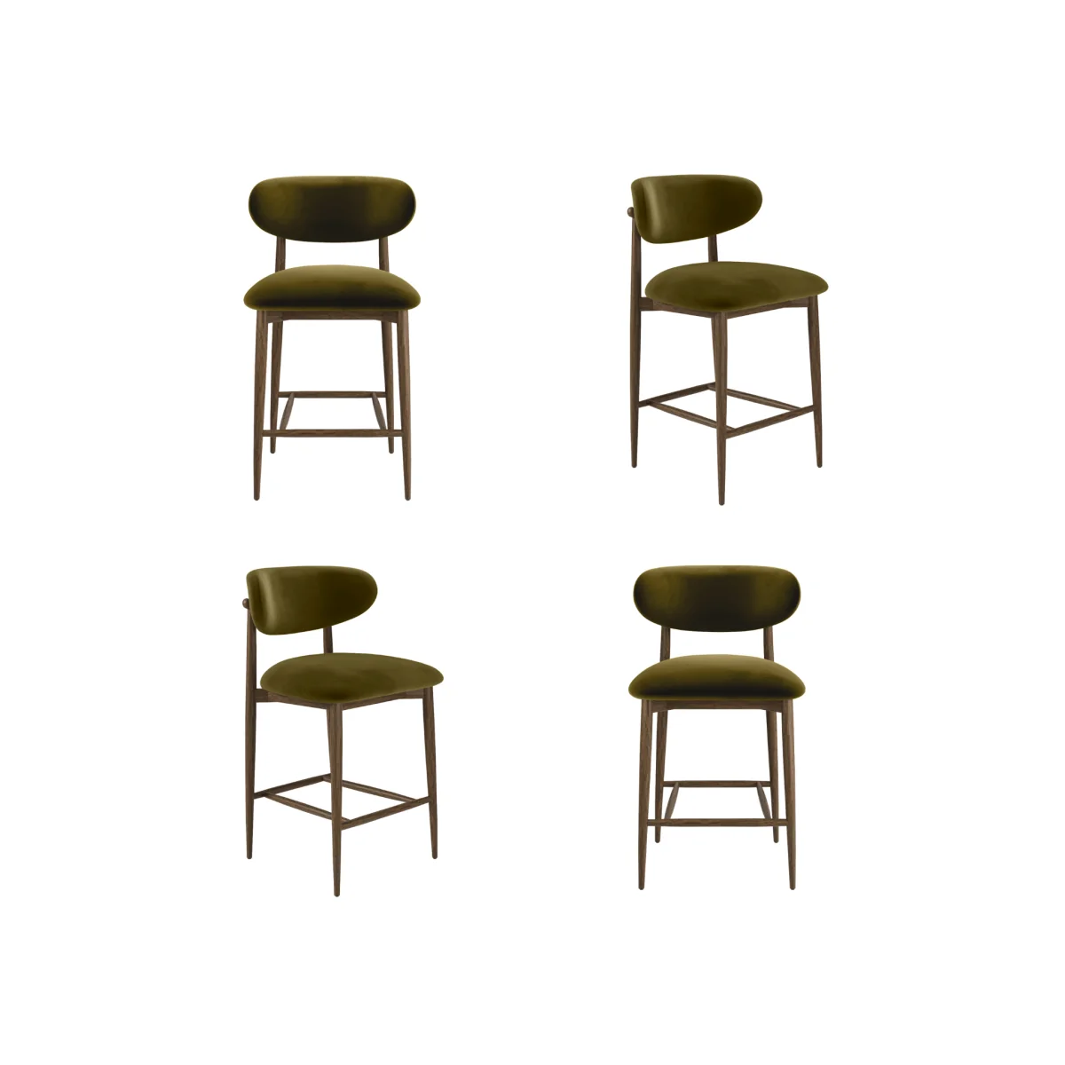 Set of 4 Walnut and Olive Green Upholstered Curved Kitchen Stools with Open Back - Kori – image 1