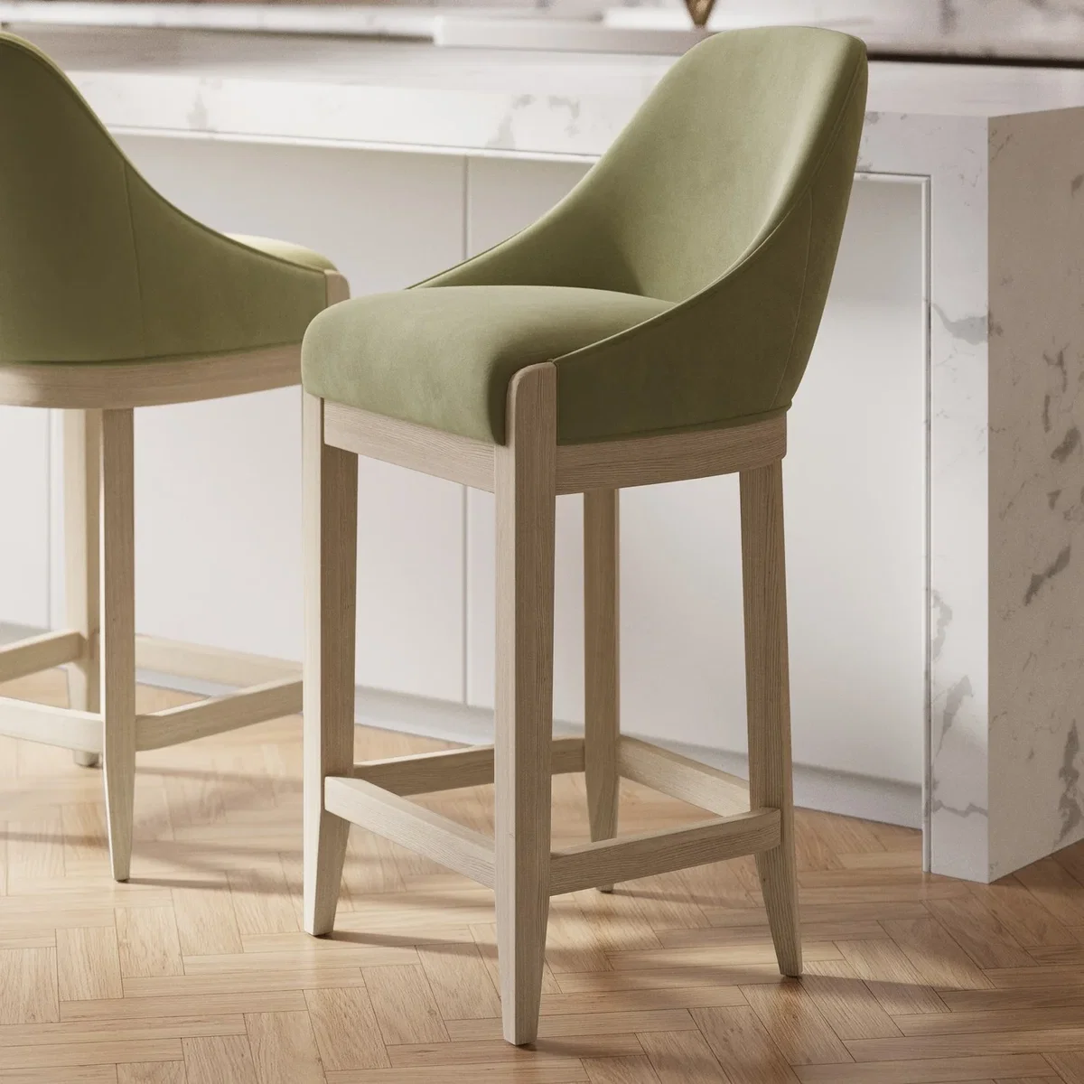 Sage Green Velvet Kitchen Stool with Solid Wood Legs - Madeline – image 1