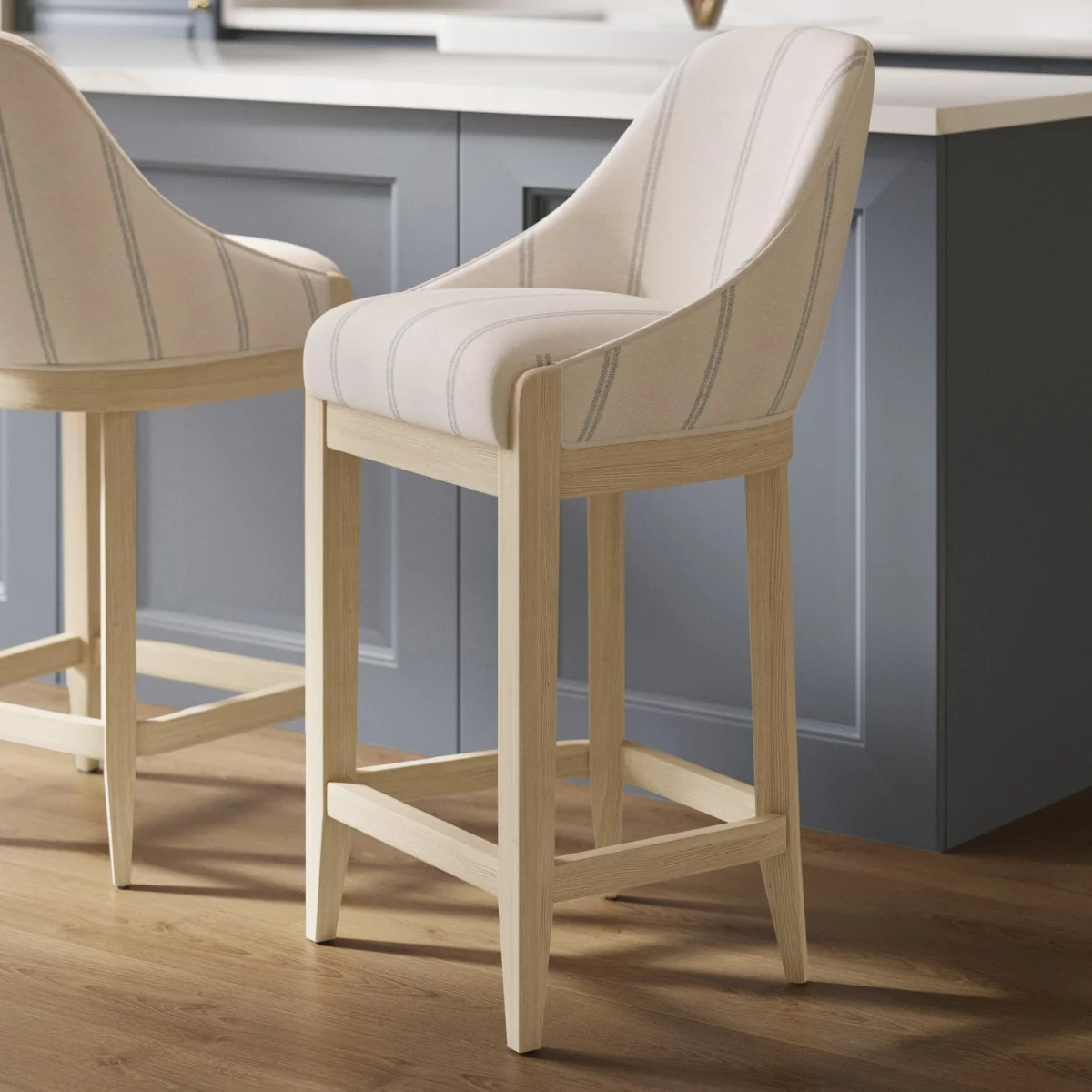 Beige and Blue Striped Upholstered Kitchen Stool with Solid Wood Legs - Madeline – image 1