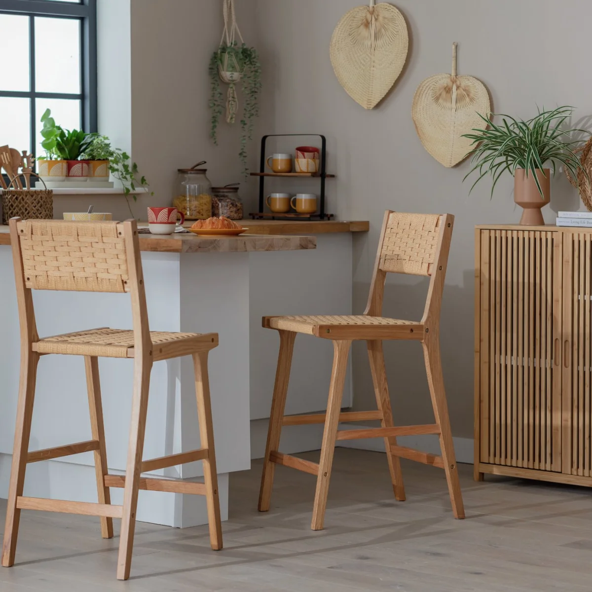 Habitat Faro Pair of Woven Paper Rope and Oak Bar Stools – image 1