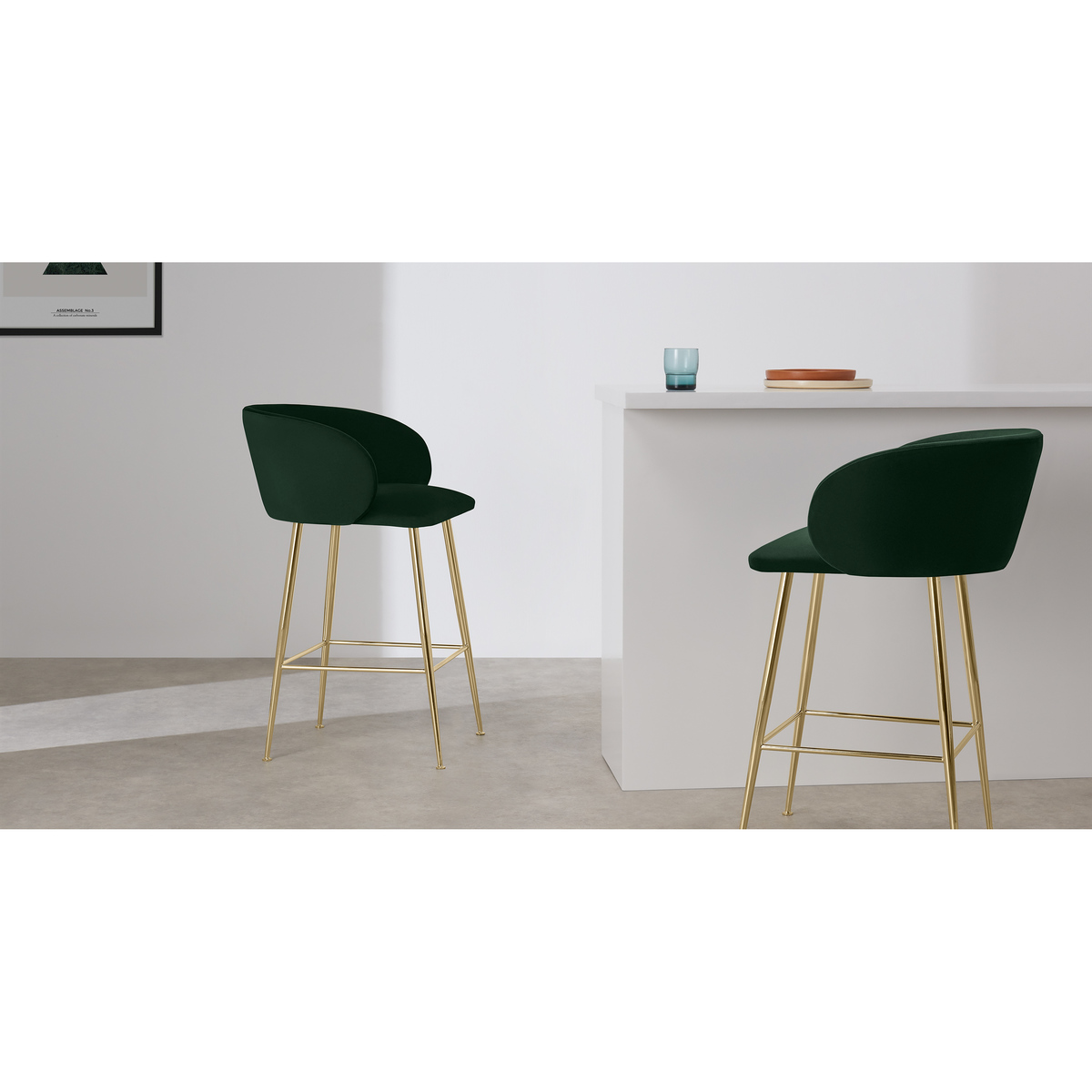 Adeline Counter Height Bar Stool, Pine Green Velvet & Brass – image 3