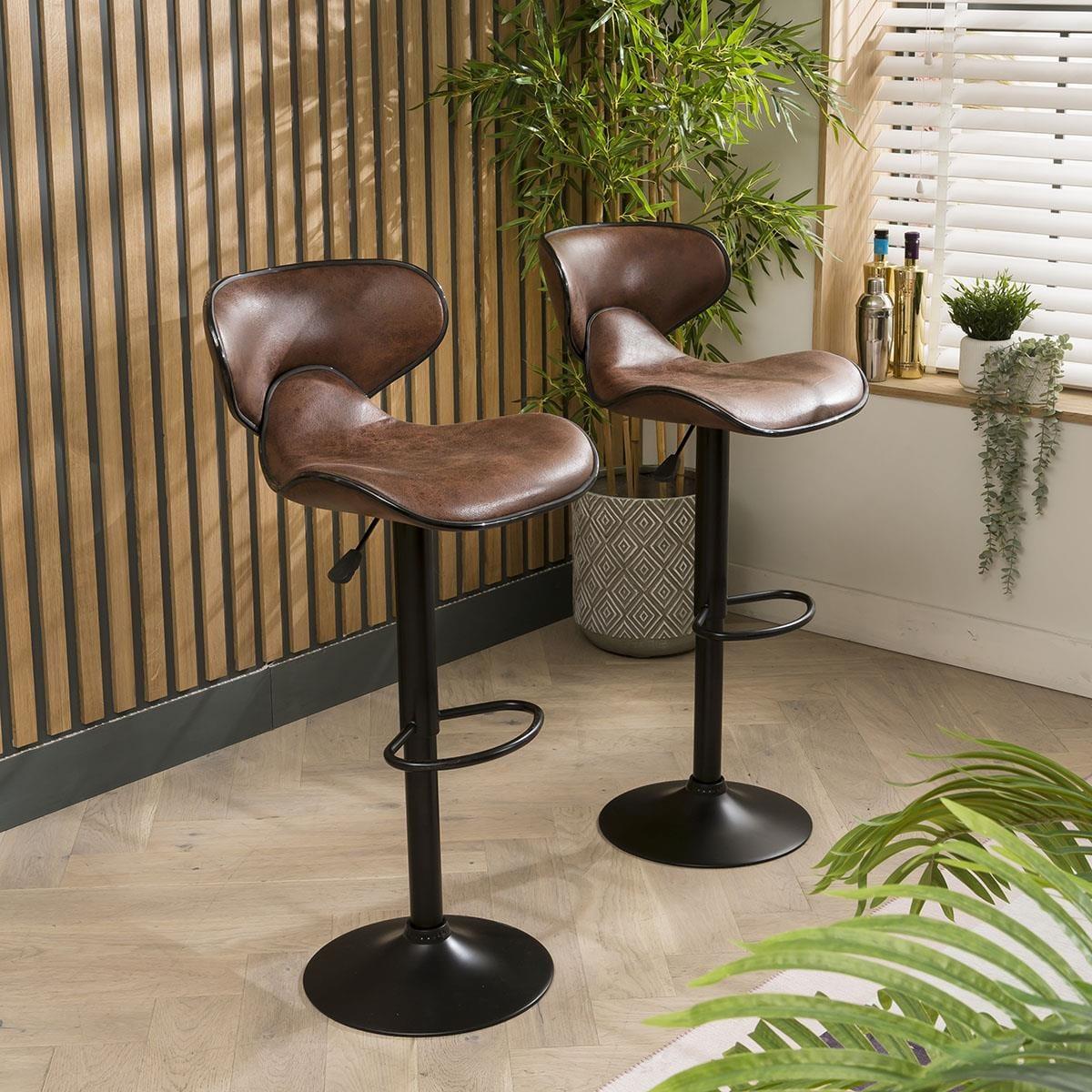 Set of 2 Modern Kitchen Bar Stools With Back Adjustable Brown Leather – image 3