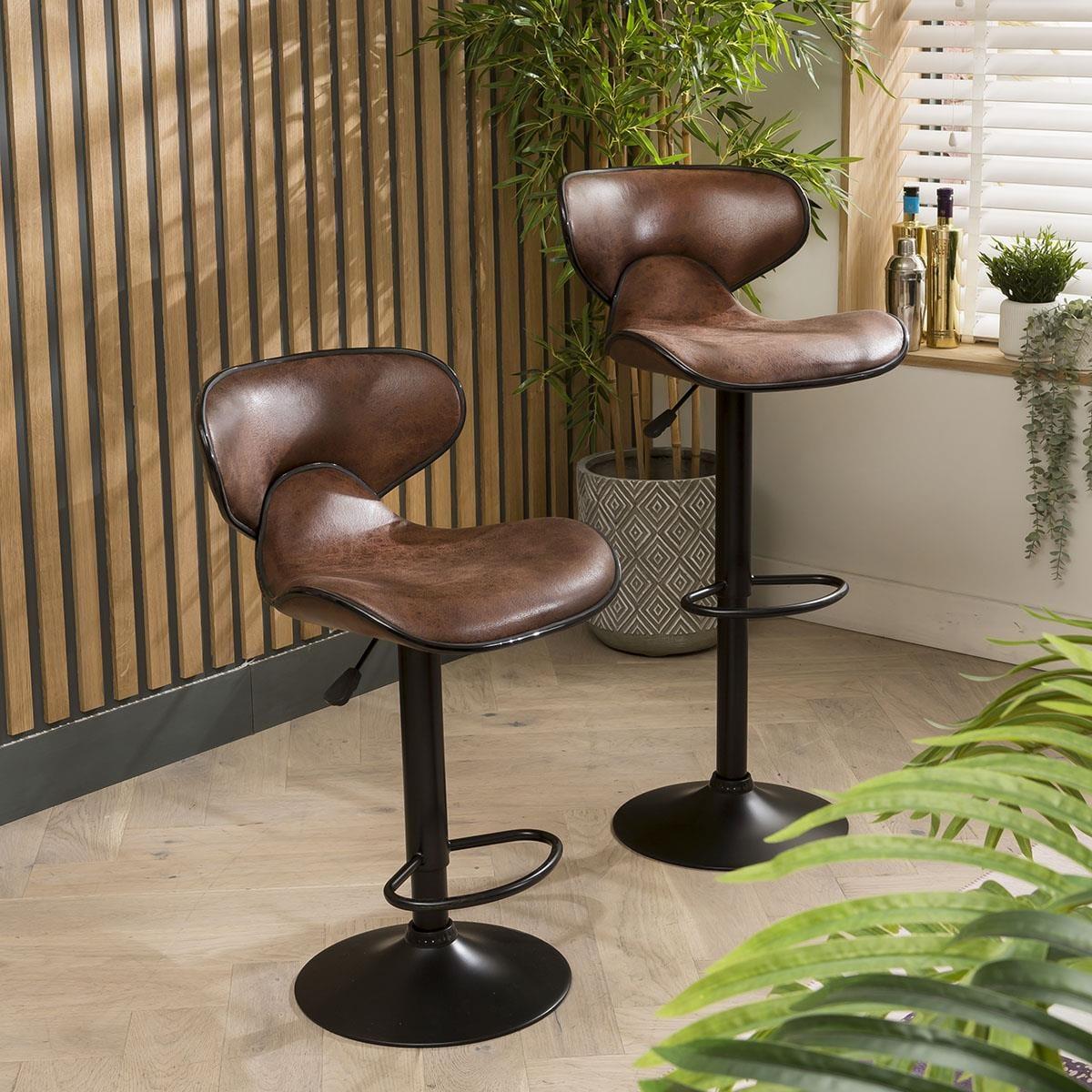 Set of 2 Modern Kitchen Bar Stools With Back Adjustable Brown Leather – image 4