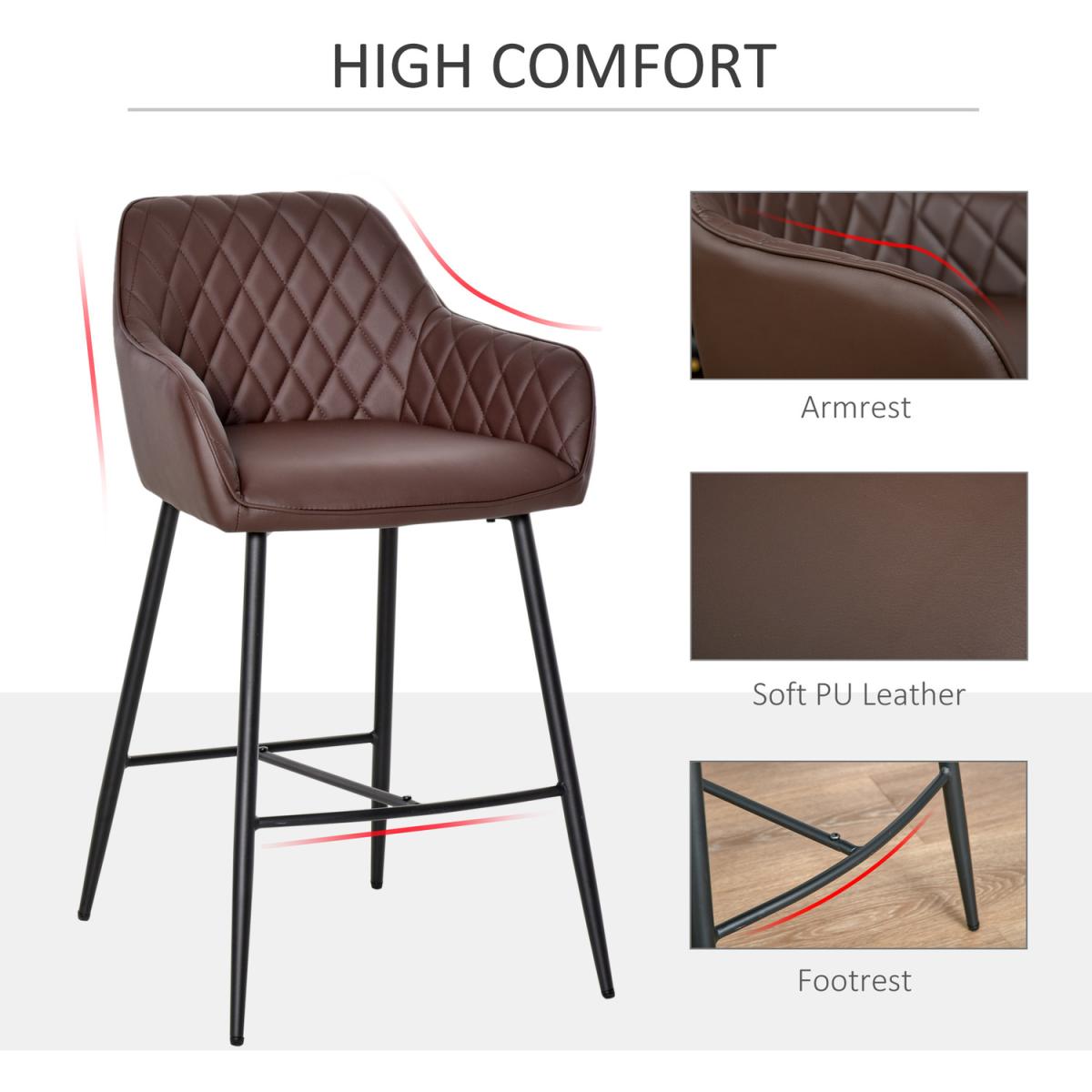 HOMCOM Industrial Style Bar Chairs Set of 2 with Footrest Solid Frame PU - Brown – image 6