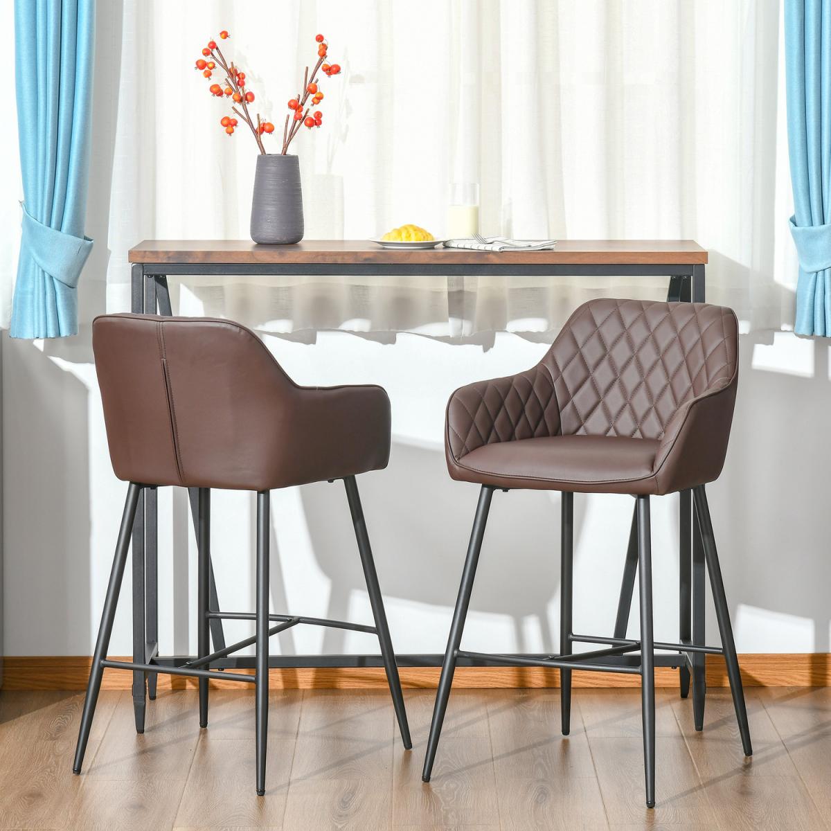 HOMCOM Industrial Style Bar Chairs Set of 2 with Footrest Solid Frame PU - Brown – image 9