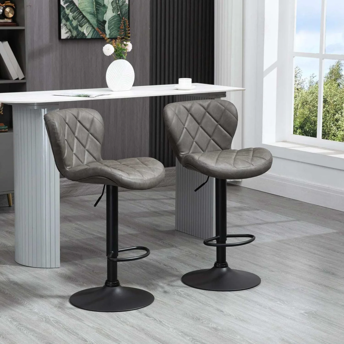 Moliyo Set of 2 Dark Grey Swivel Bar Stools with Diamond Pattern and Steel Frame – image 3