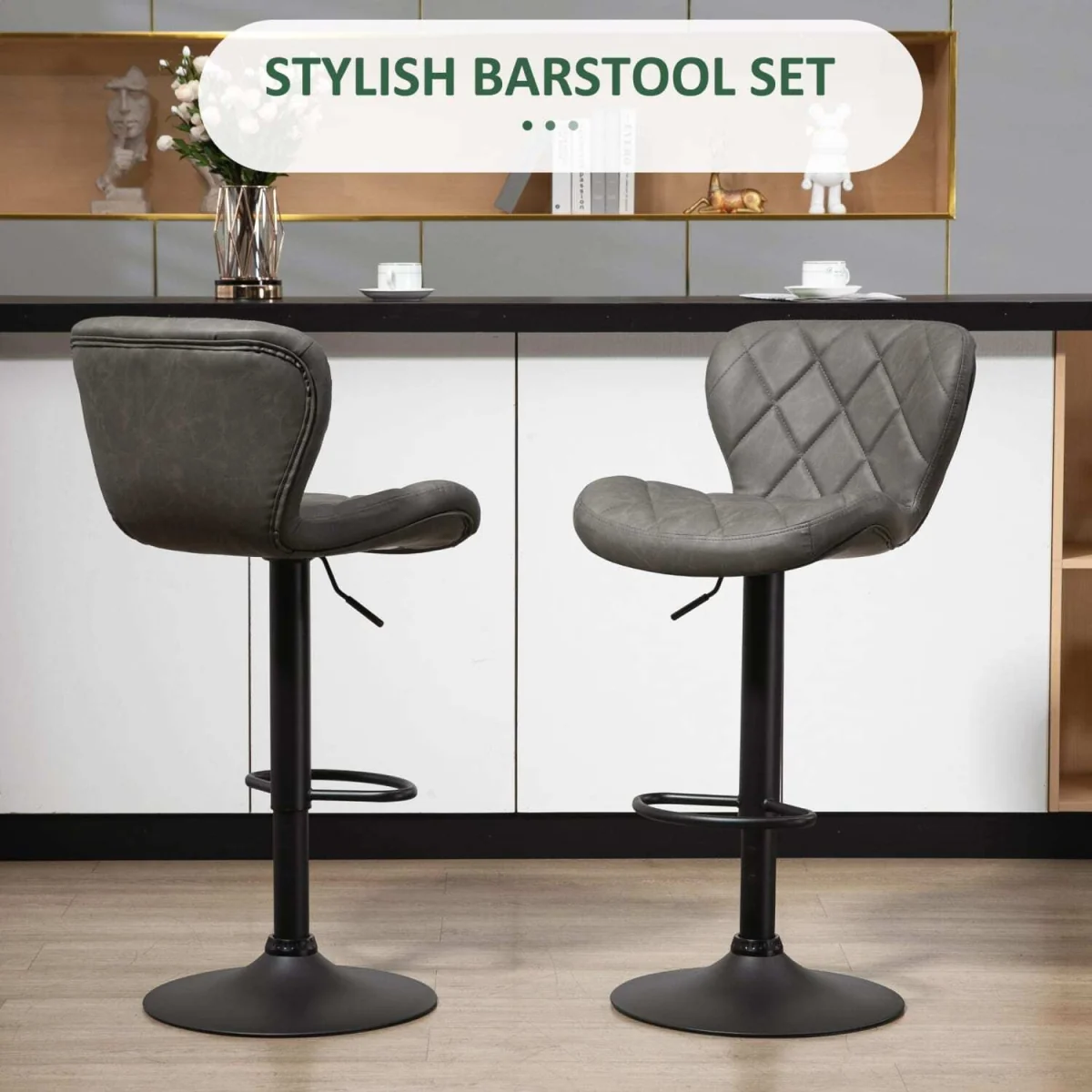 Moliyo Set of 2 Dark Grey Swivel Bar Stools with Diamond Pattern and Steel Frame – image 5