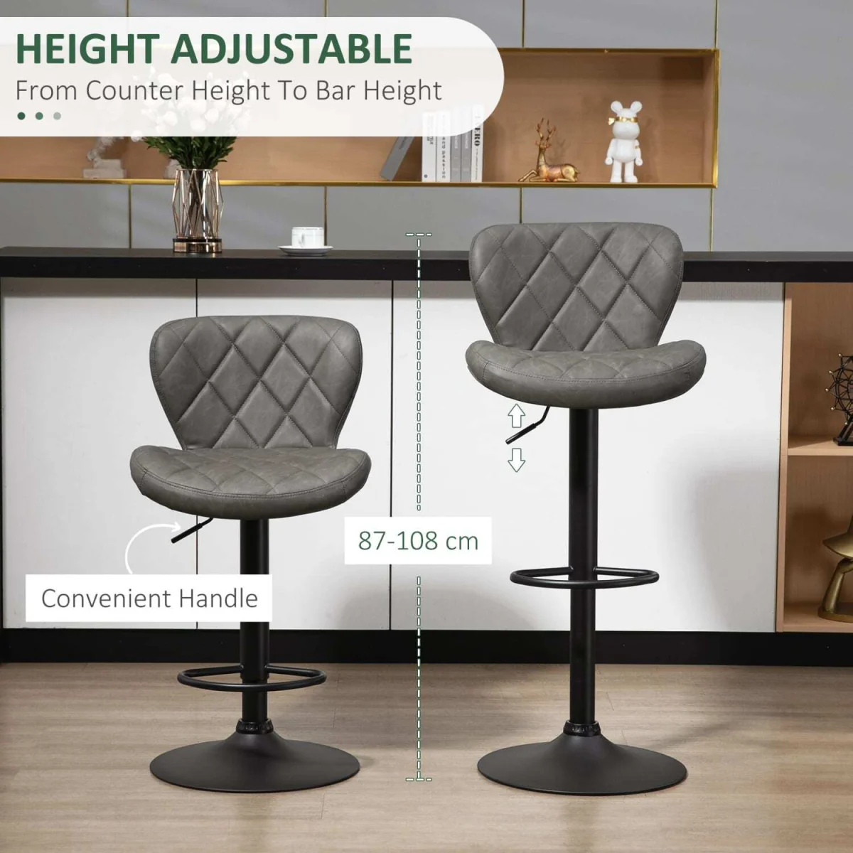 Moliyo Set of 2 Dark Grey Swivel Bar Stools with Diamond Pattern and Steel Frame – image 6