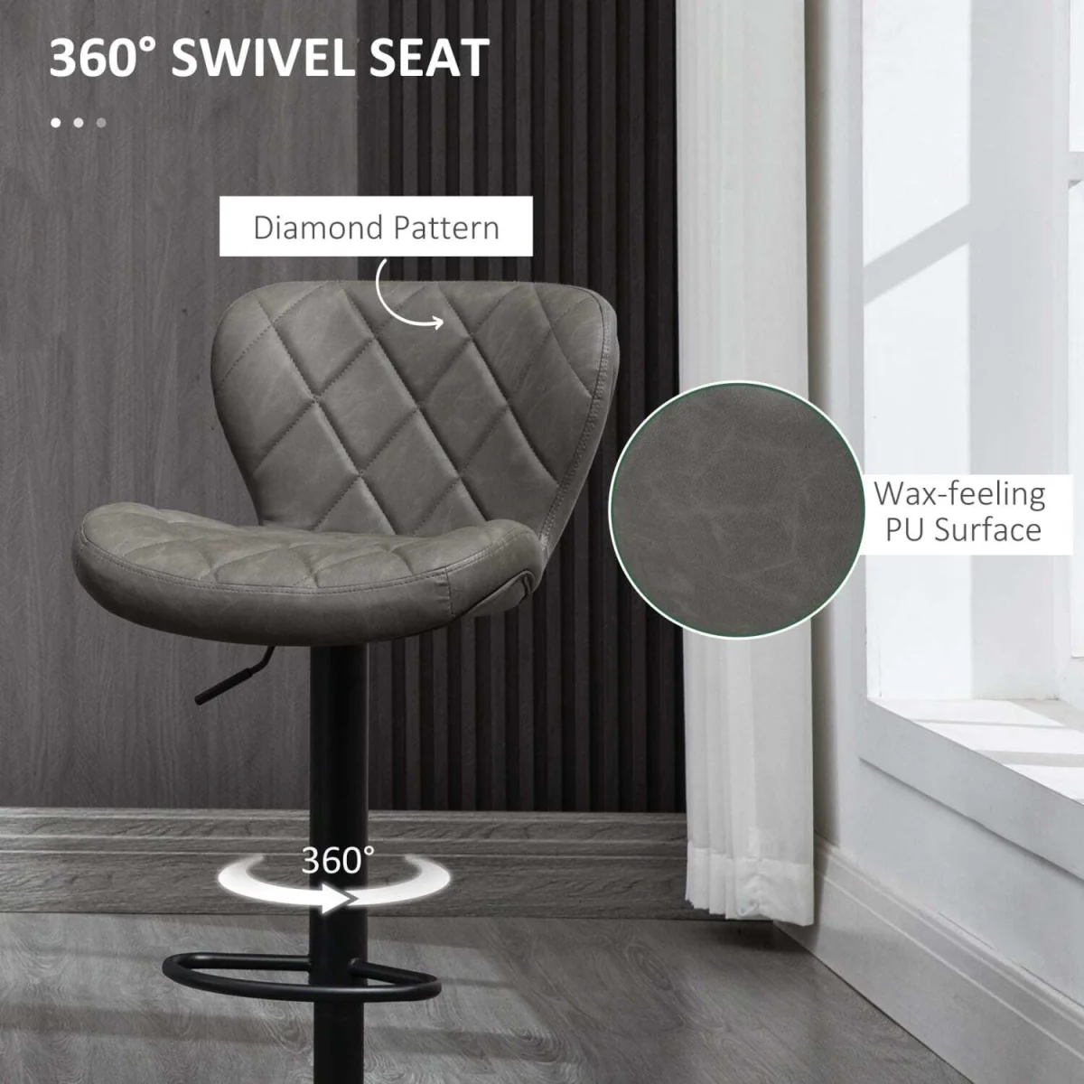 Moliyo Set of 2 Dark Grey Swivel Bar Stools with Diamond Pattern and Steel Frame – image 7