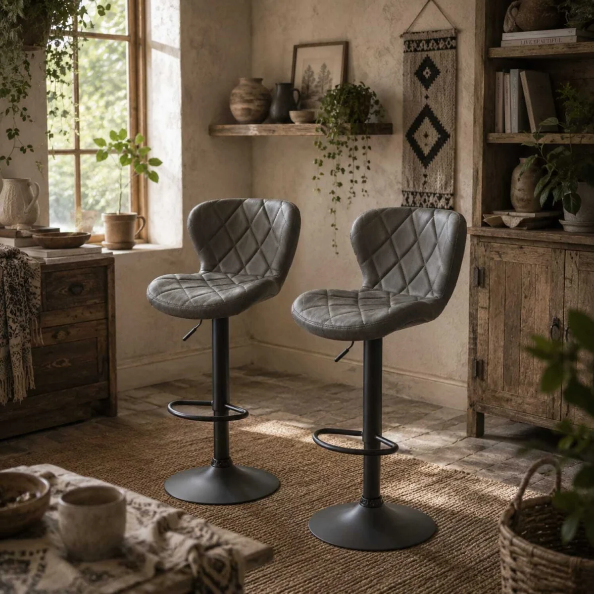 Moliyo Set of 2 Dark Grey Swivel Bar Stools with Diamond Pattern and Steel Frame – image 1