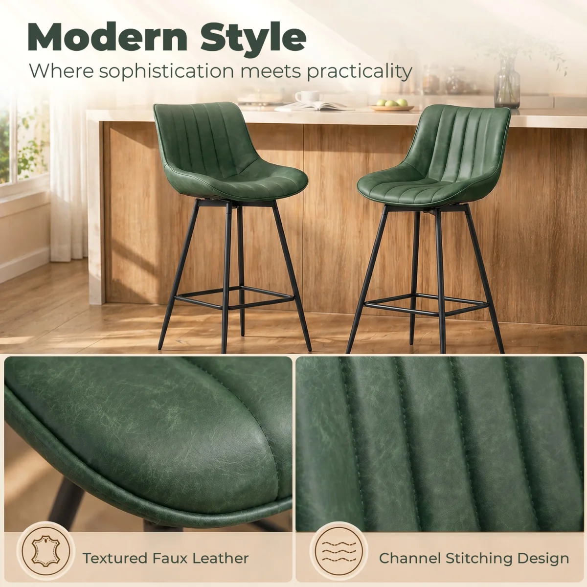 HOMCOM PU Leather Swivel Bar Stools Set of 2 - Dark Green – image 6