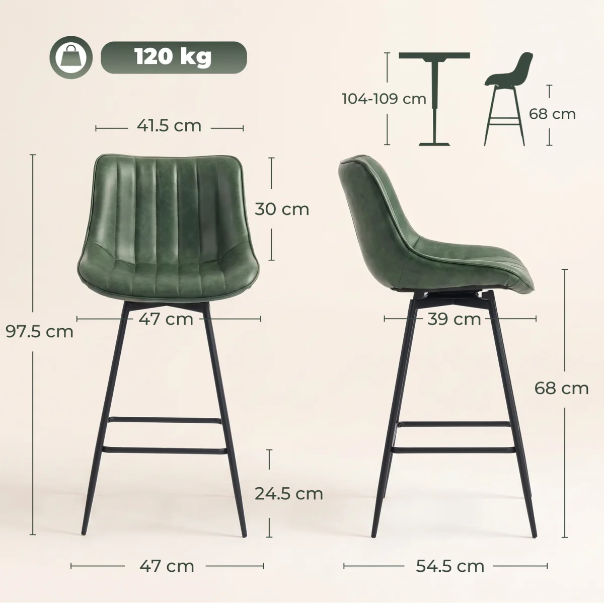 HOMCOM PU Leather Swivel Bar Stools Set of 2 - Dark Green – image 7