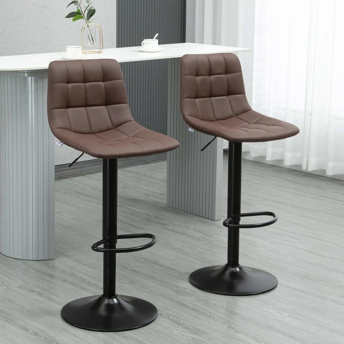 Ninora Set Of 2 Brown Tufted Faux Leather Swivel Bar Stools With Back Support – image 4
