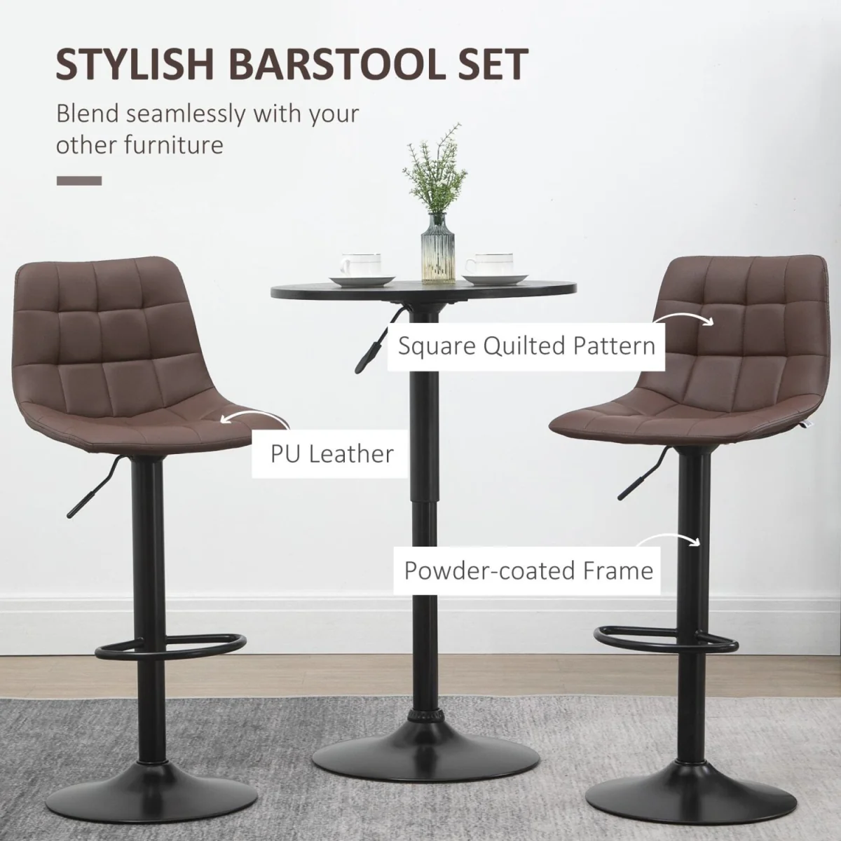 Ninora Set Of 2 Brown Tufted Faux Leather Swivel Bar Stools With Back Support – image 7
