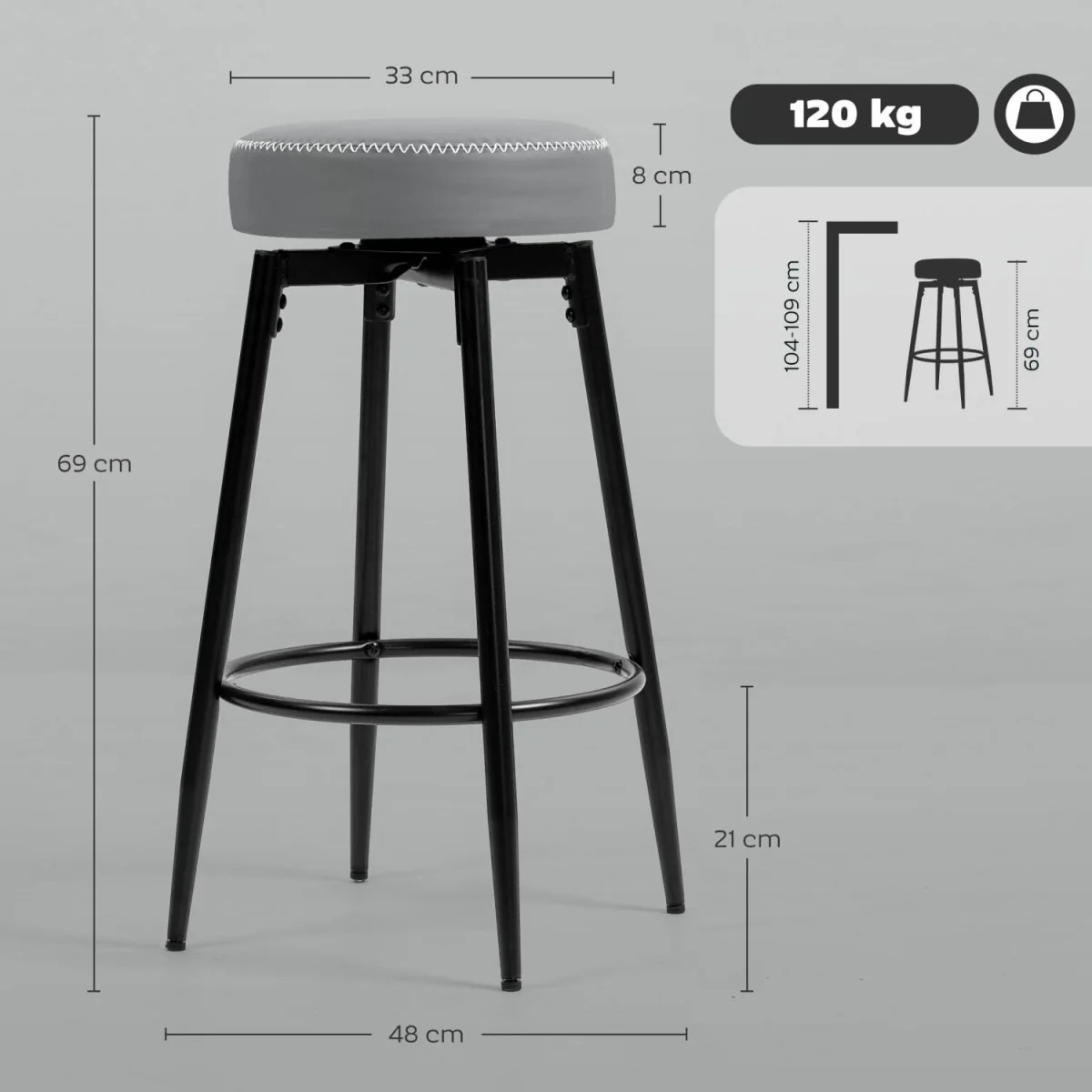 Relura Faux Leather Grey and Black Bar Stools Set of 2 with Footrests – image 5