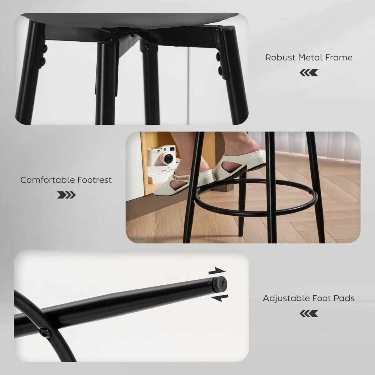 Relura Faux Leather Grey and Black Bar Stools Set of 2 with Footrests – image 8