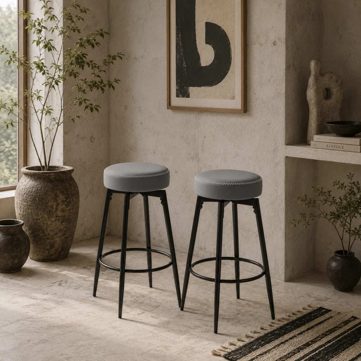 Relura Faux Leather Grey and Black Bar Stools Set of 2 with Footrests – image 1