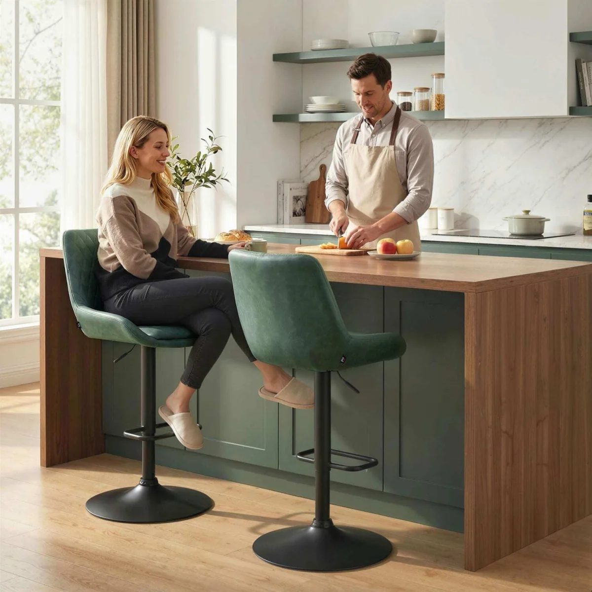 Milosu Green Adjustable Retro Bar Stools Set of 2 with Swivel Seats – image 4