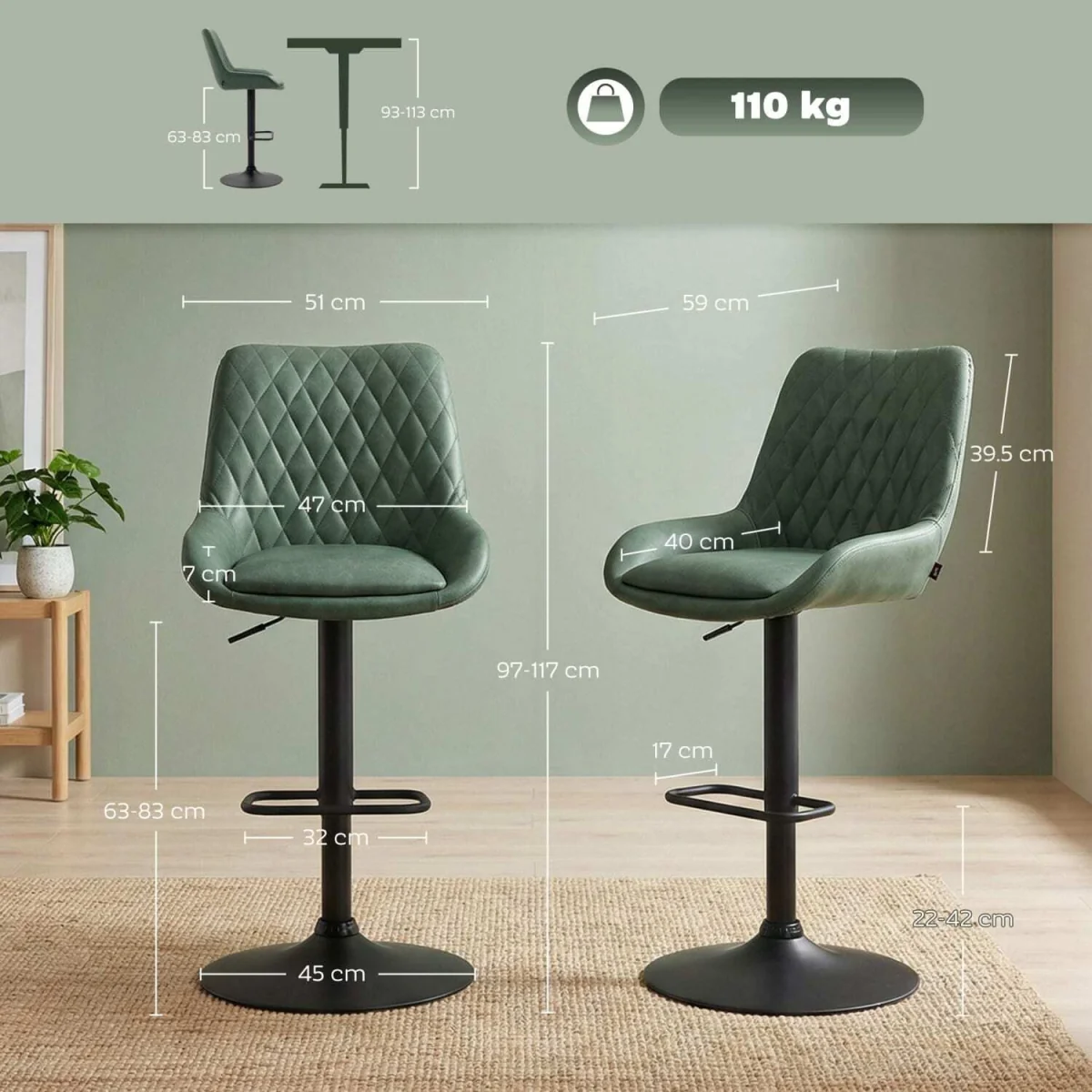 Milosu Green Adjustable Retro Bar Stools Set of 2 with Swivel Seats – image 5