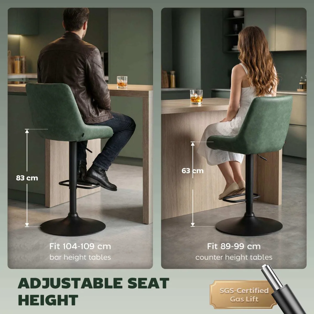 Milosu Green Adjustable Retro Bar Stools Set of 2 with Swivel Seats – image 6