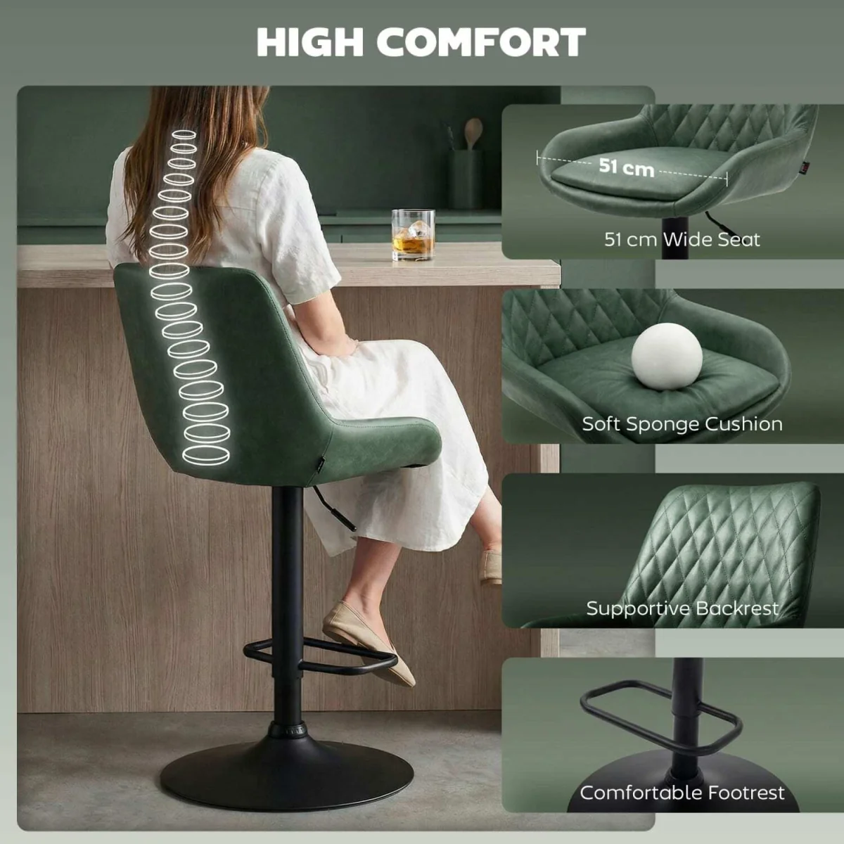 Milosu Green Adjustable Retro Bar Stools Set of 2 with Swivel Seats – image 8
