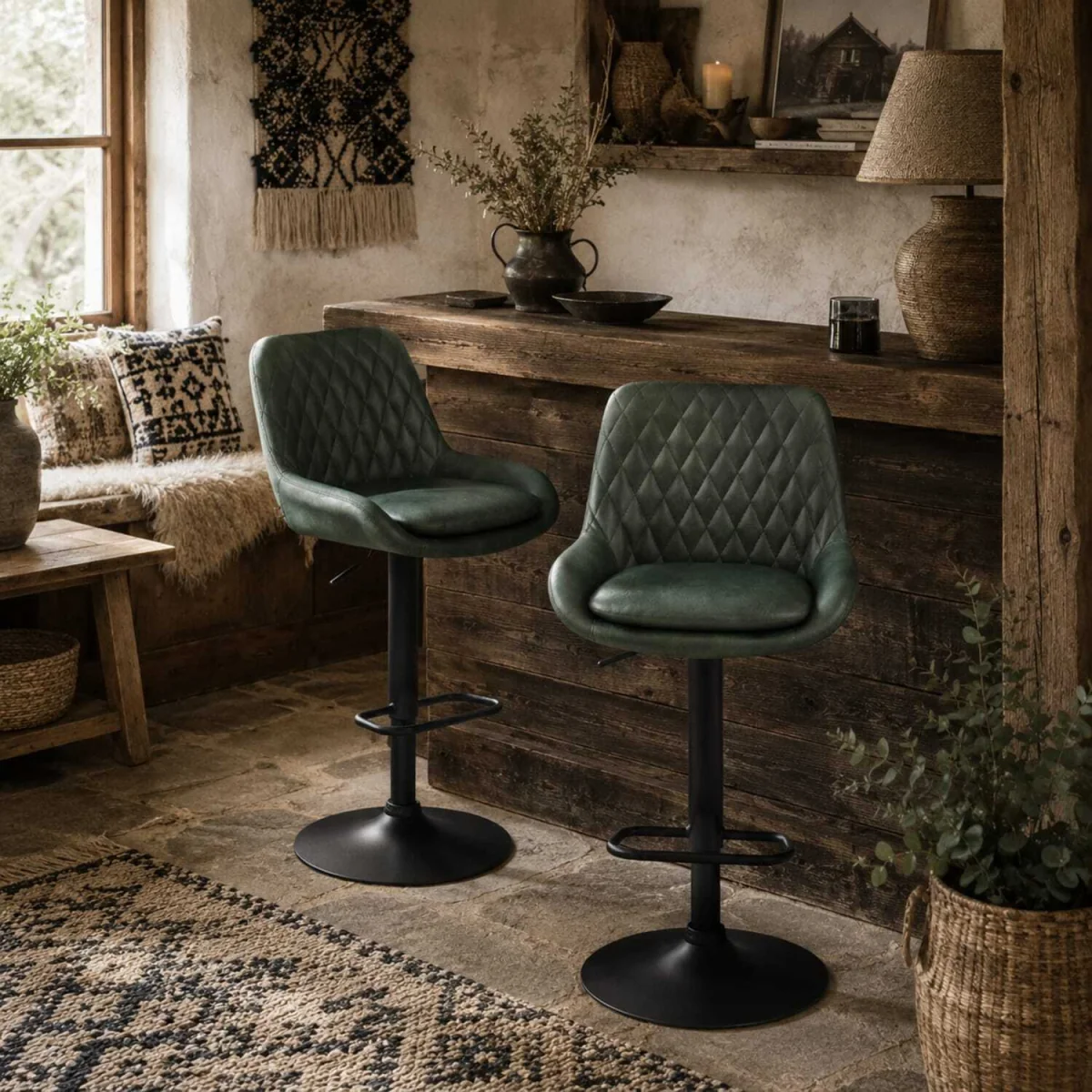 Milosu Green Adjustable Retro Bar Stools Set of 2 with Swivel Seats – image 1