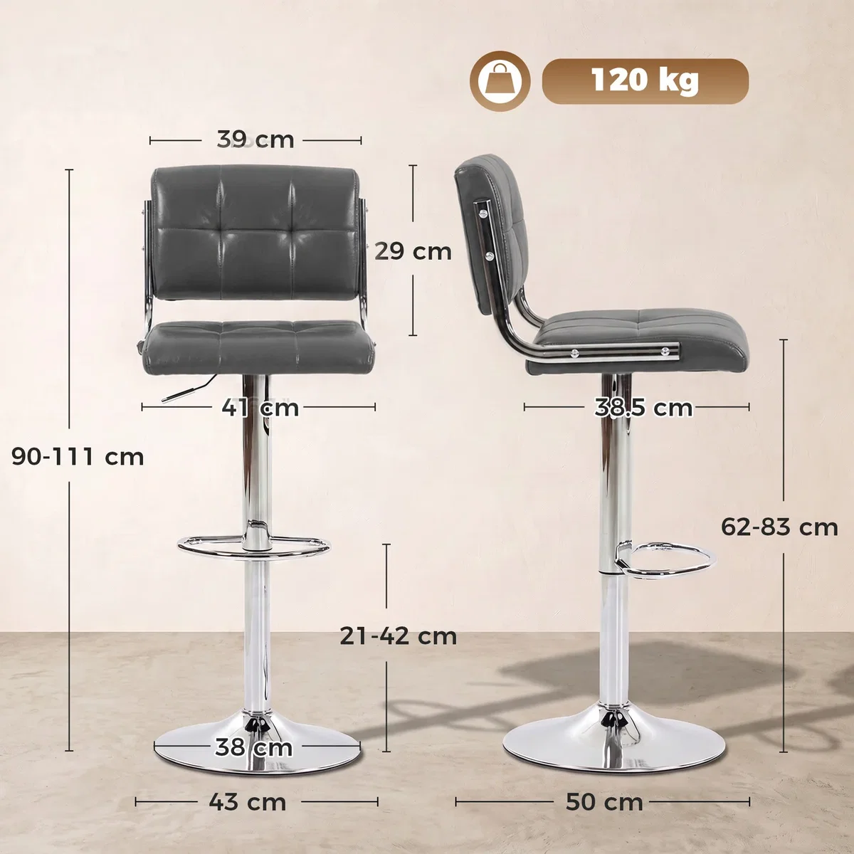 HOMCOM Adjustable Bar Stools Set of 2 with Backrest - Grey – image 3