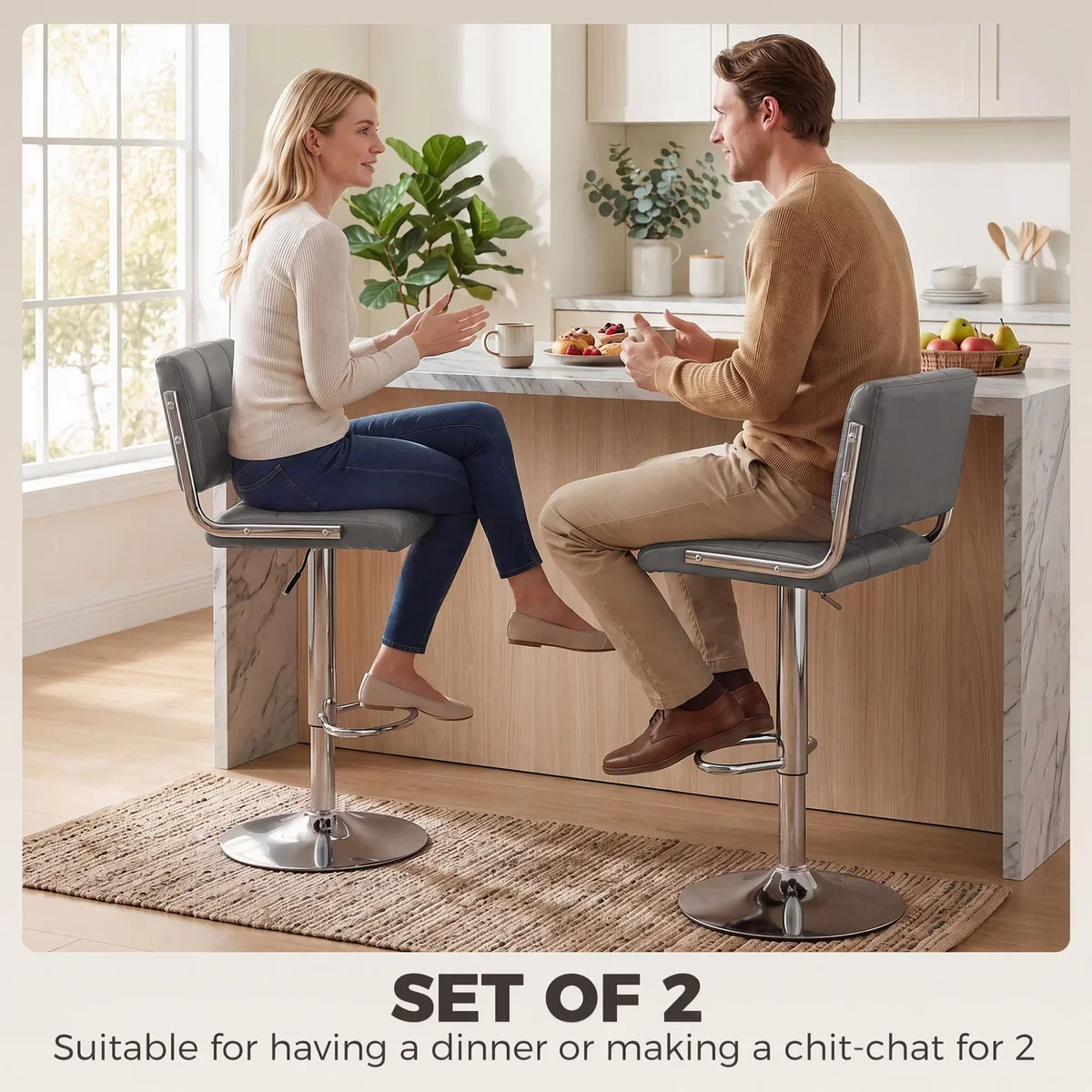 HOMCOM Adjustable Bar Stools Set of 2 with Backrest - Grey – image 4